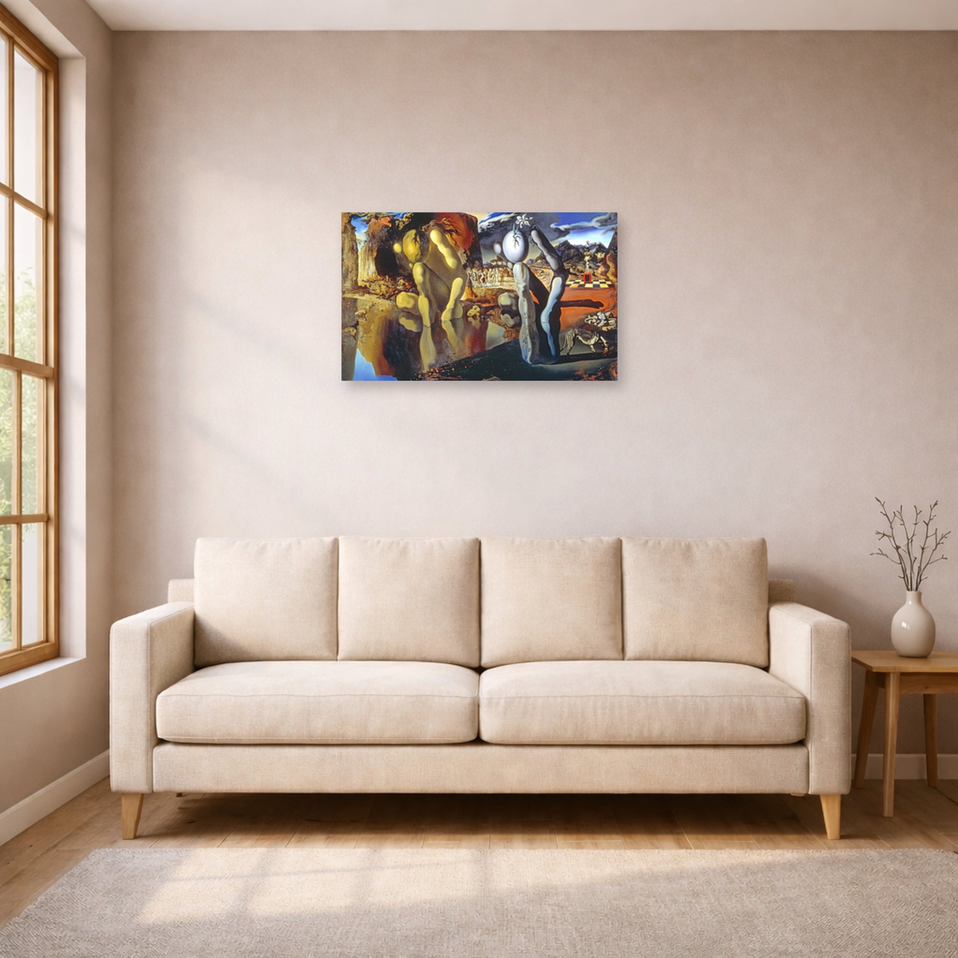 Unframed poster print of Salvador Dali's Metamorphosis of Narcissus displayed on a wall in a living room