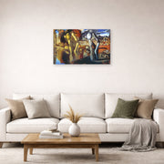Unframed poster print of Salvador Dali's Metamorphosis of Narcissus displayed on a wall in a living room