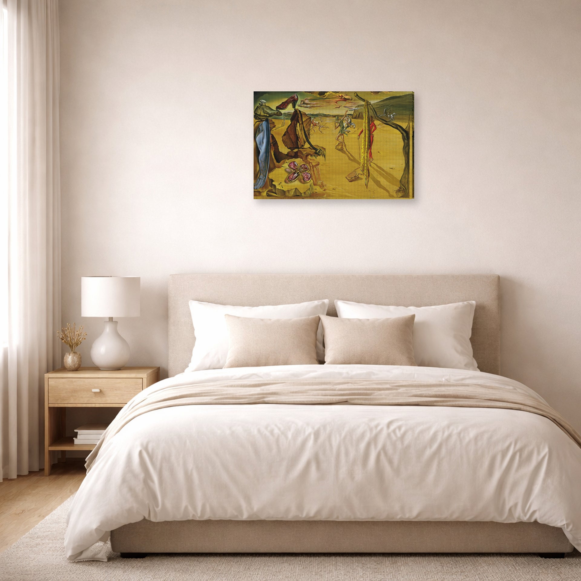 Gallery-wrapped canvas print of Salvador Dali's Modern Fashion Accessories displayed on a wall in a bedroom