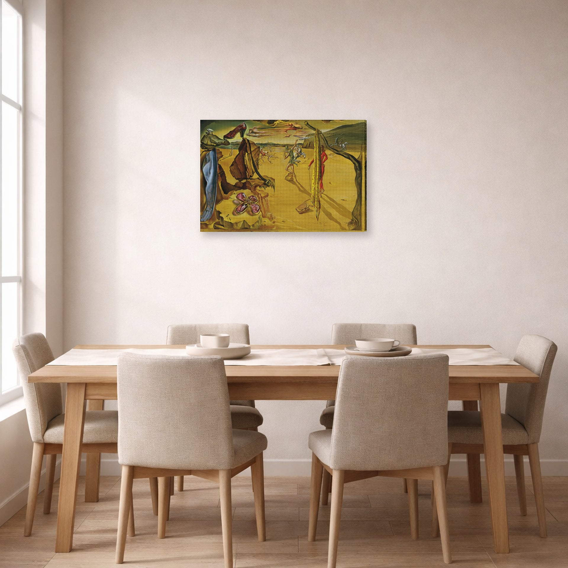 Gallery-wrapped canvas print of Salvador Dali's Modern Fashion Accessories displayed on a wall in a dining room