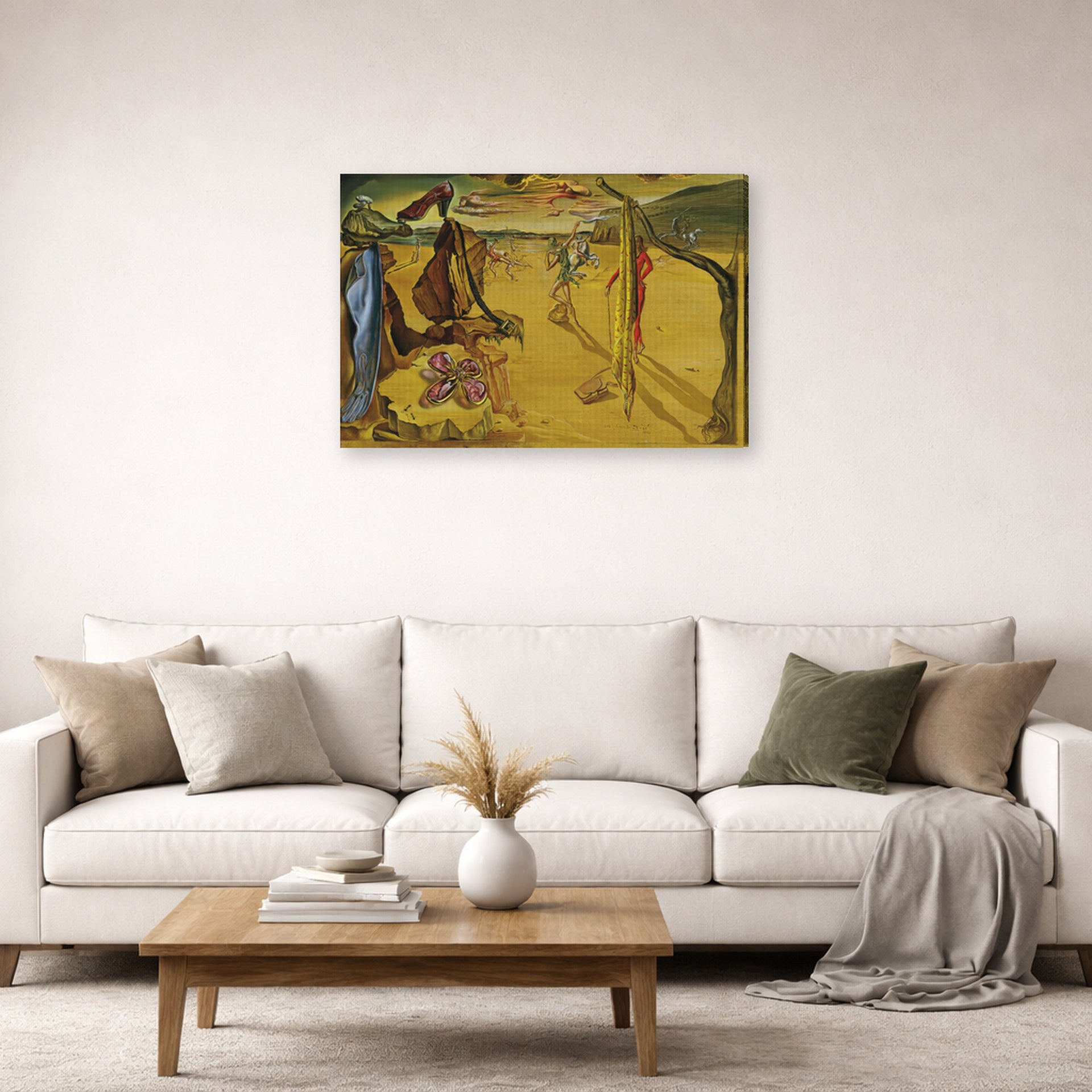 Gallery-wrapped canvas print of Salvador Dali's Modern Fashion Accessories displayed on a wall in a living room