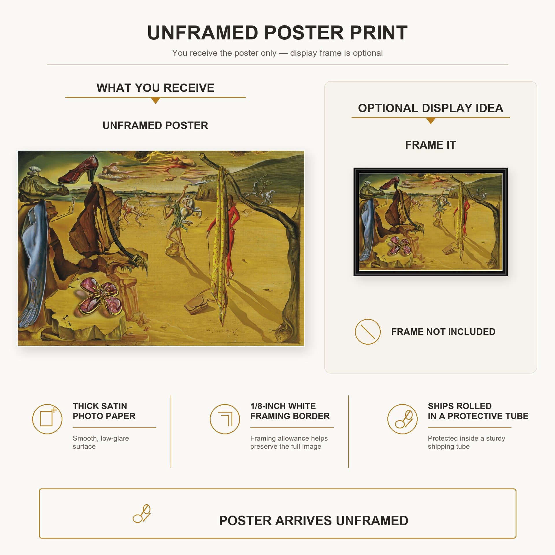 Salvador Dali - Modern Fashion Accessories poster print size comparison and framing display infographic