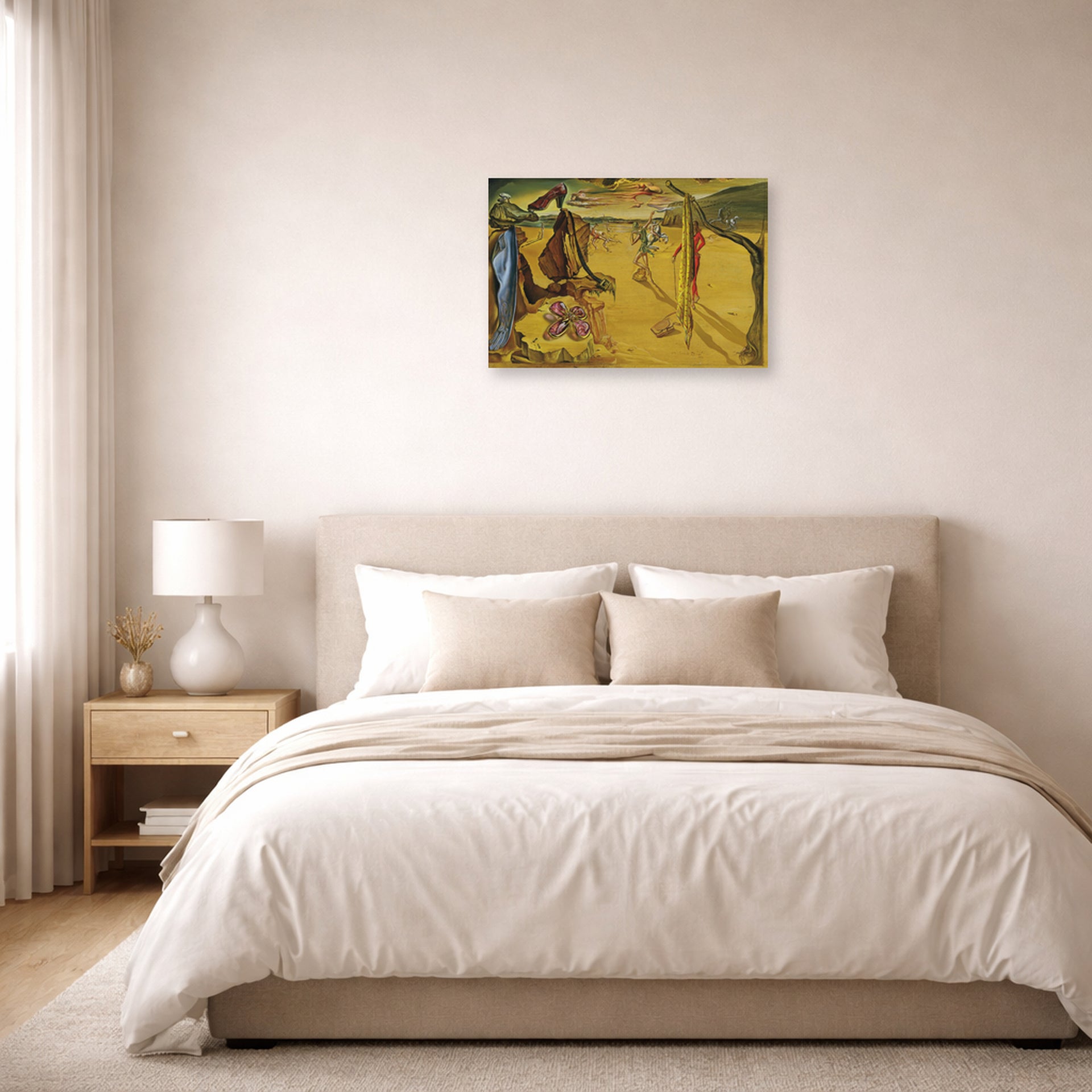 Unframed poster print of Salvador Dali's Modern Fashion Accessories displayed on a wall in a bedroom