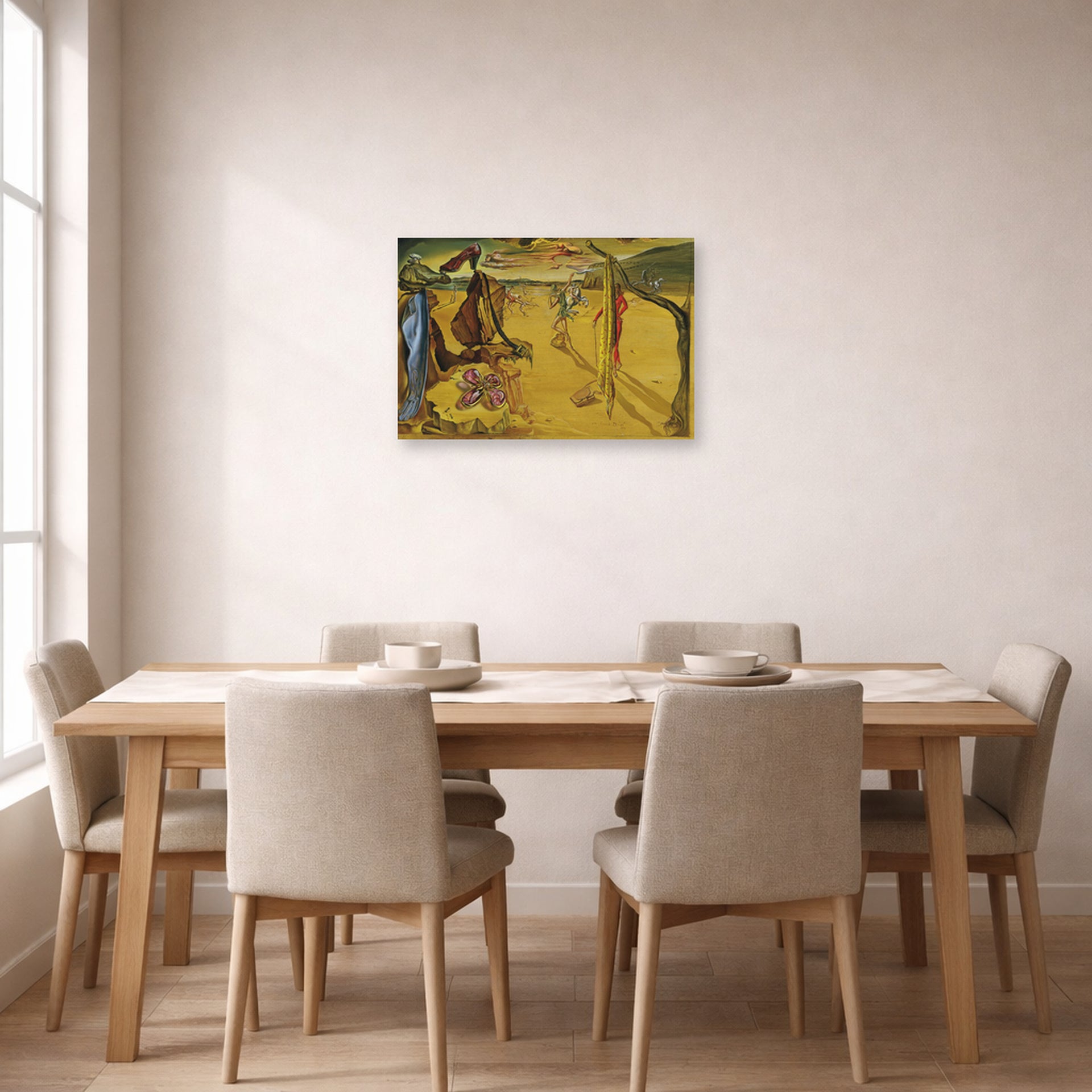 Unframed poster print of Salvador Dali's Modern Fashion Accessories displayed on a wall in a dining room