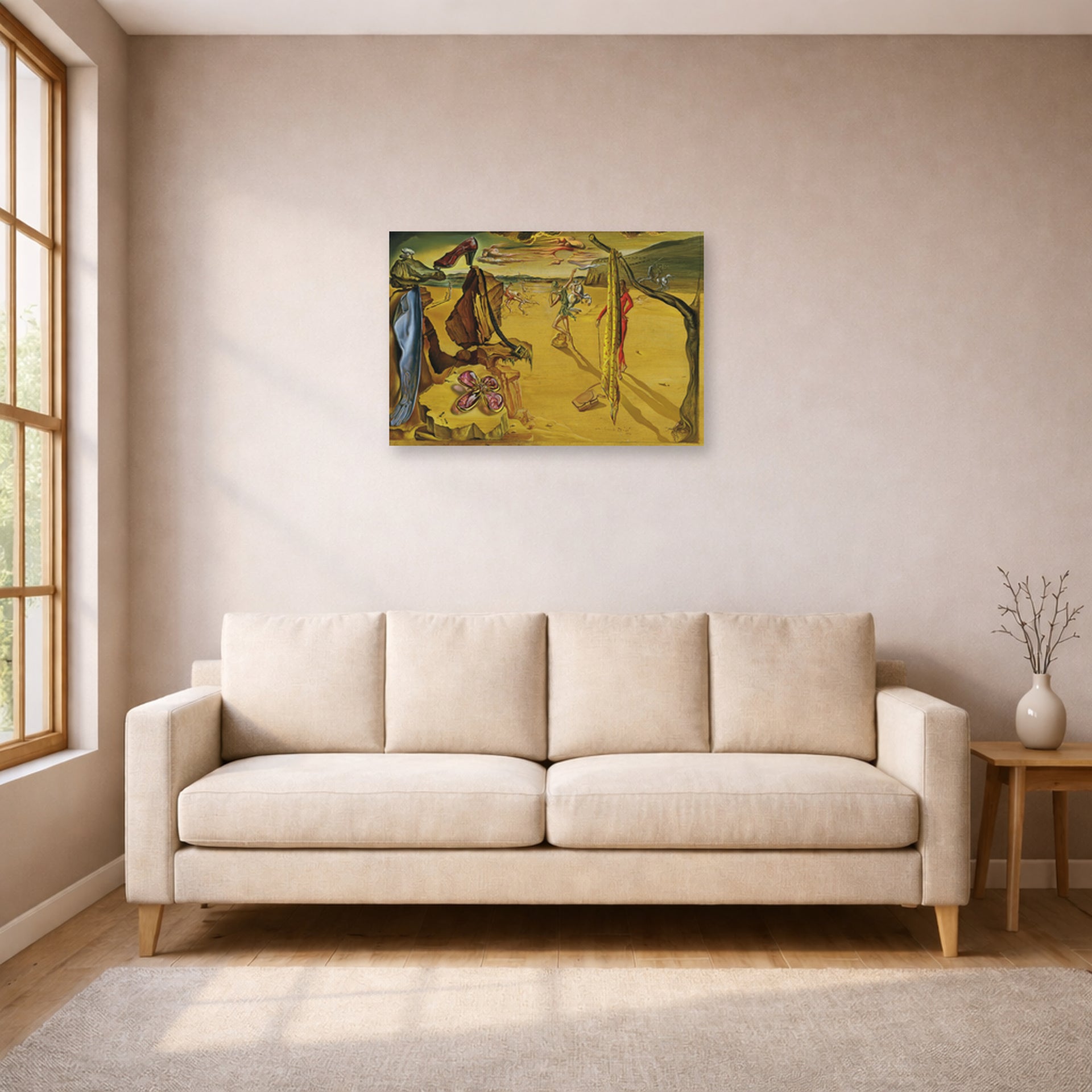 Unframed poster print of Salvador Dali's Modern Fashion Accessories displayed on a wall in a living room