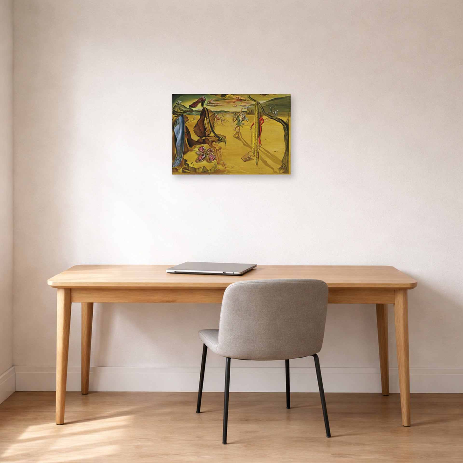Unframed poster print of Salvador Dali's Modern Fashion Accessories displayed on a wall in a office