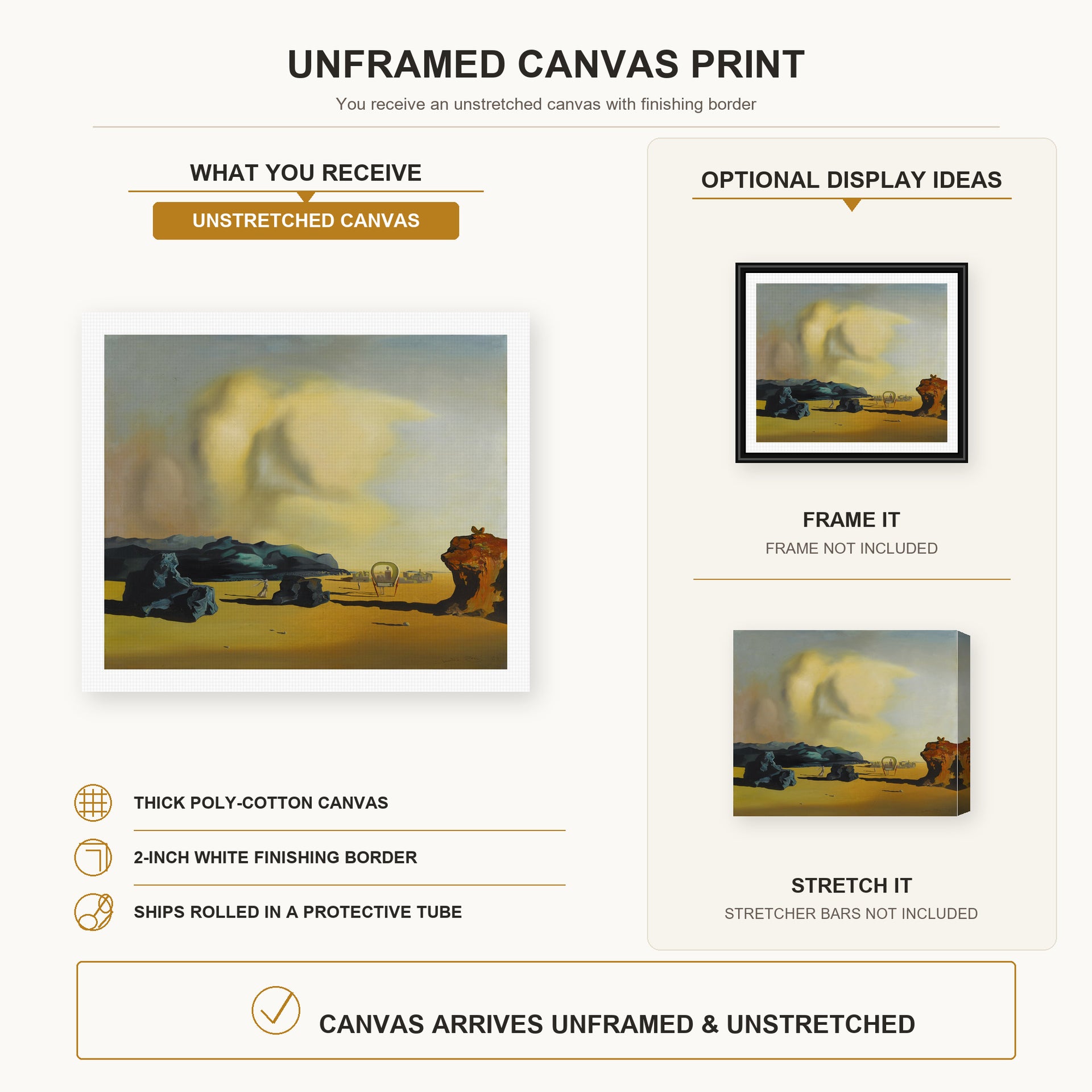 Salvador Dali - Moment De Transition canvas print size comparison and framing display infographic