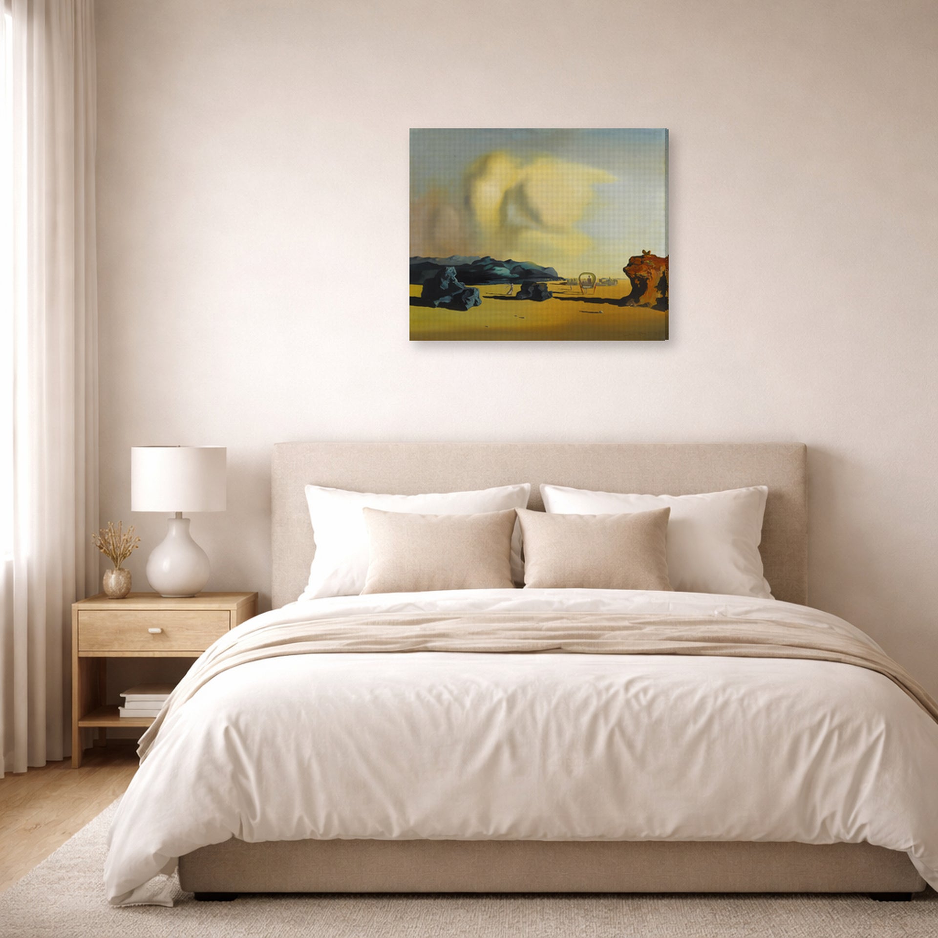 Gallery-wrapped canvas print of Salvador Dali's Moment De Transition displayed on a wall in a bedroom