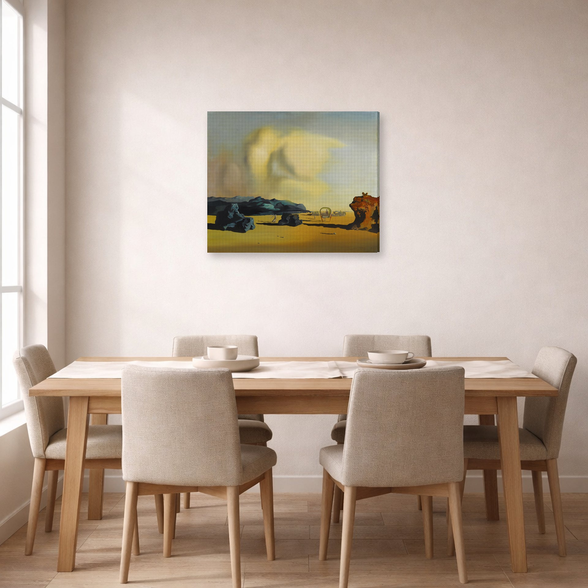 Gallery-wrapped canvas print of Salvador Dali's Moment De Transition displayed on a wall in a dining room
