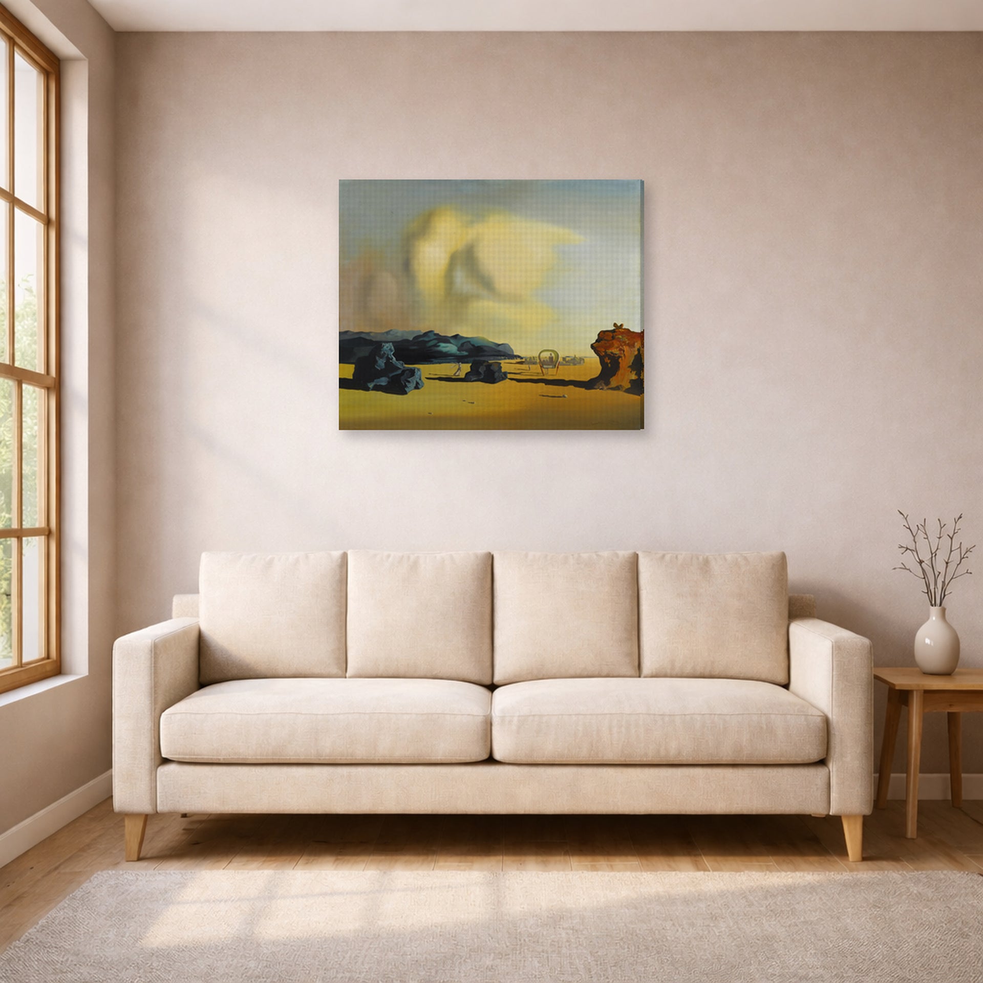 Gallery-wrapped canvas print of Salvador Dali's Moment De Transition displayed on a wall in a living room