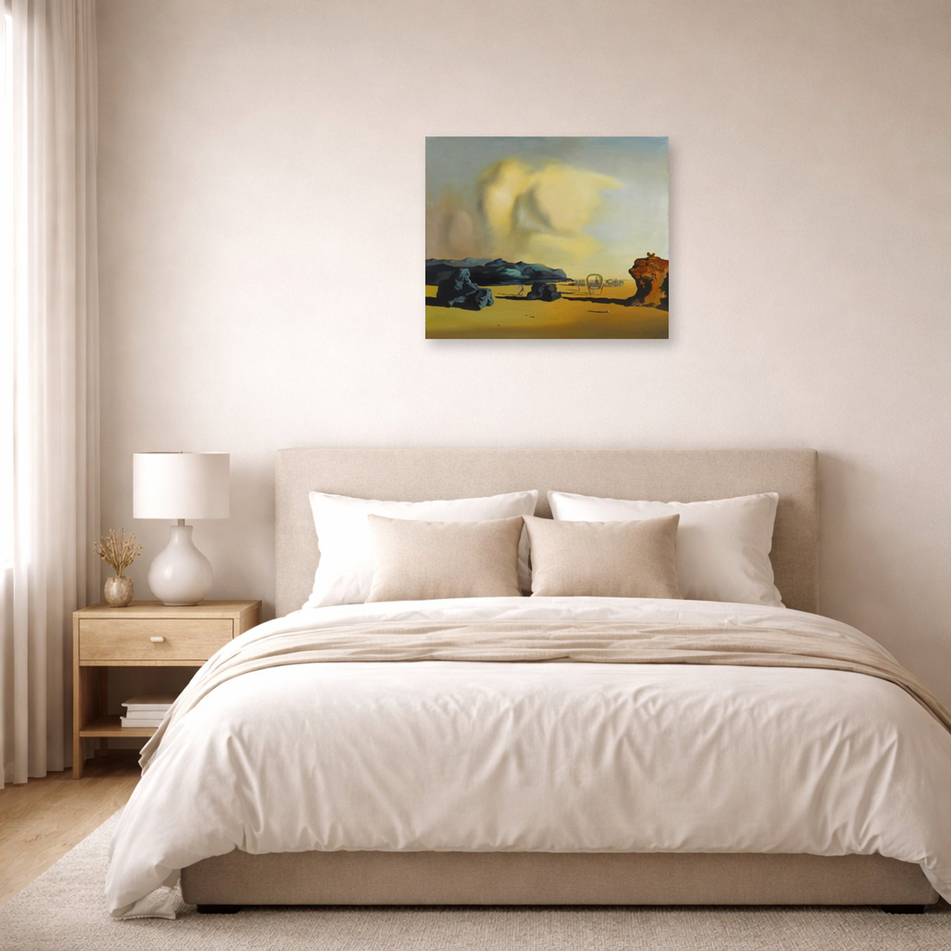 Unframed poster print of Salvador Dali's Moment De Transition displayed on a wall in a bedroom