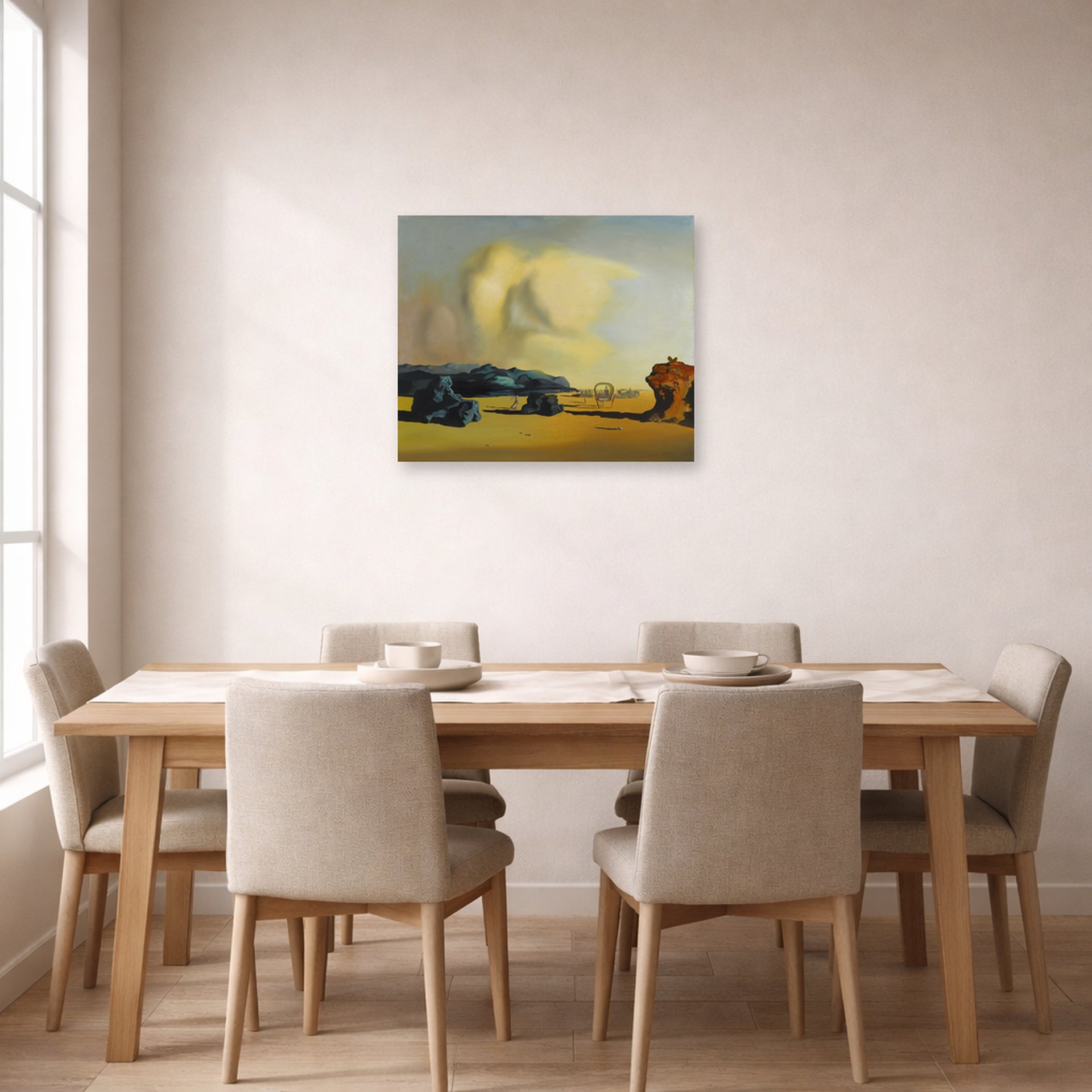 Unframed poster print of Salvador Dali's Moment De Transition displayed on a wall in a dining room