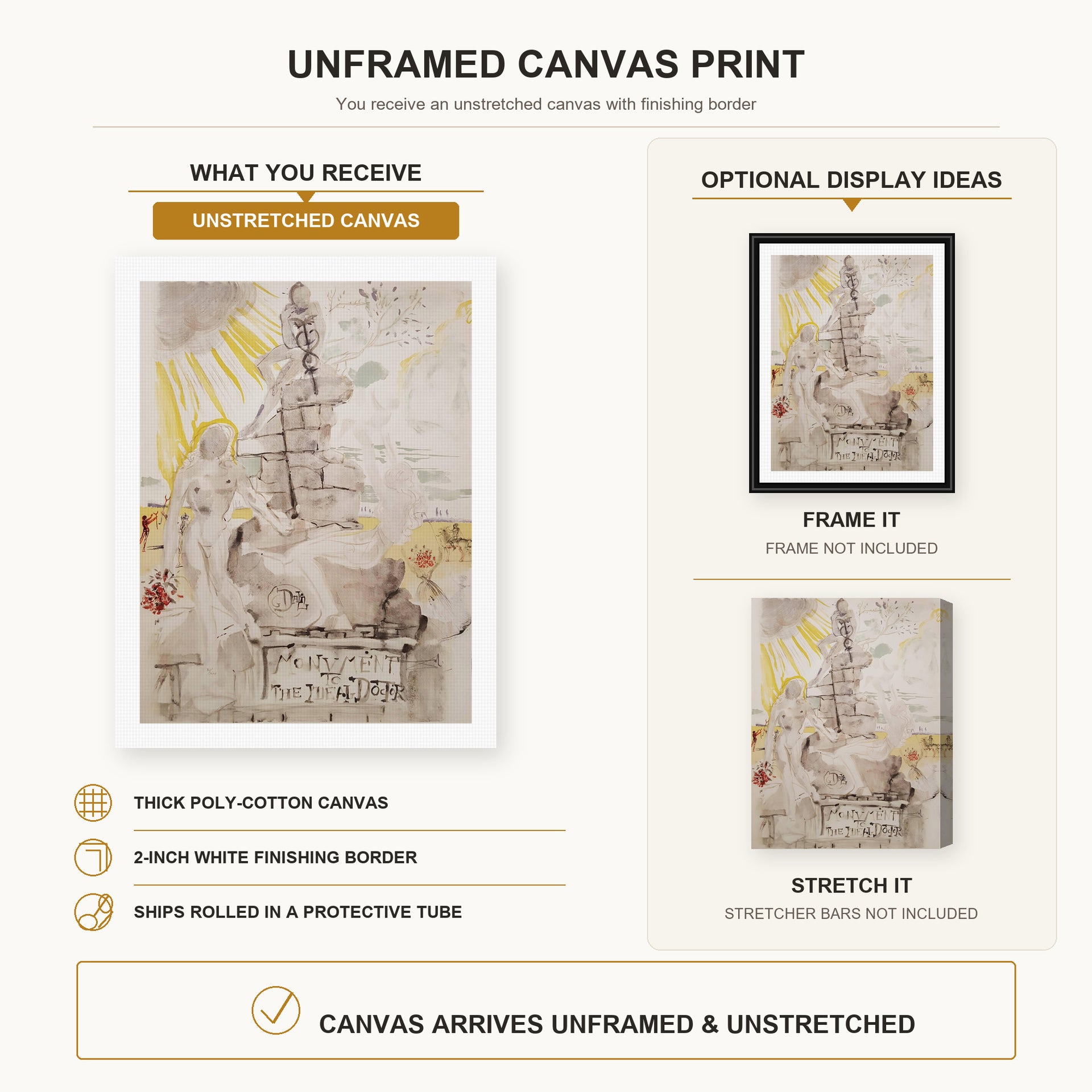 Salvador Dali - Monument to the Ideal Doctor canvas print size comparison and framing display infographic