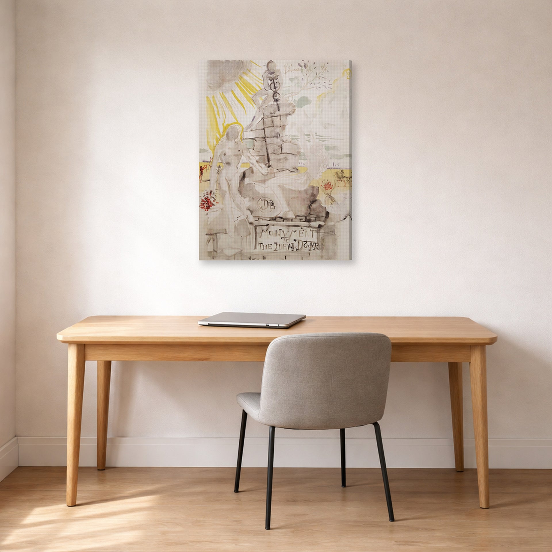 Gallery-wrapped canvas print of Salvador Dali's Monument to the Ideal Doctor displayed on a wall in a office