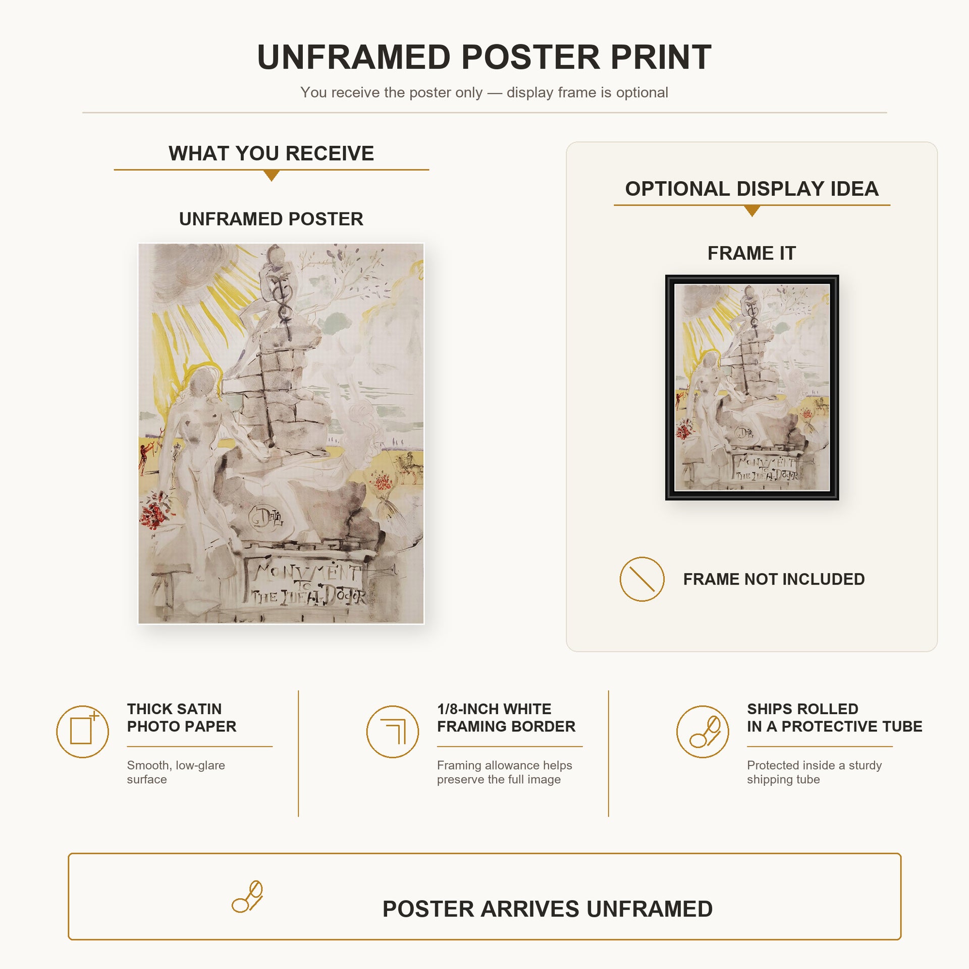 Salvador Dali - Monument to the Ideal Doctor poster print size comparison and framing display infographic