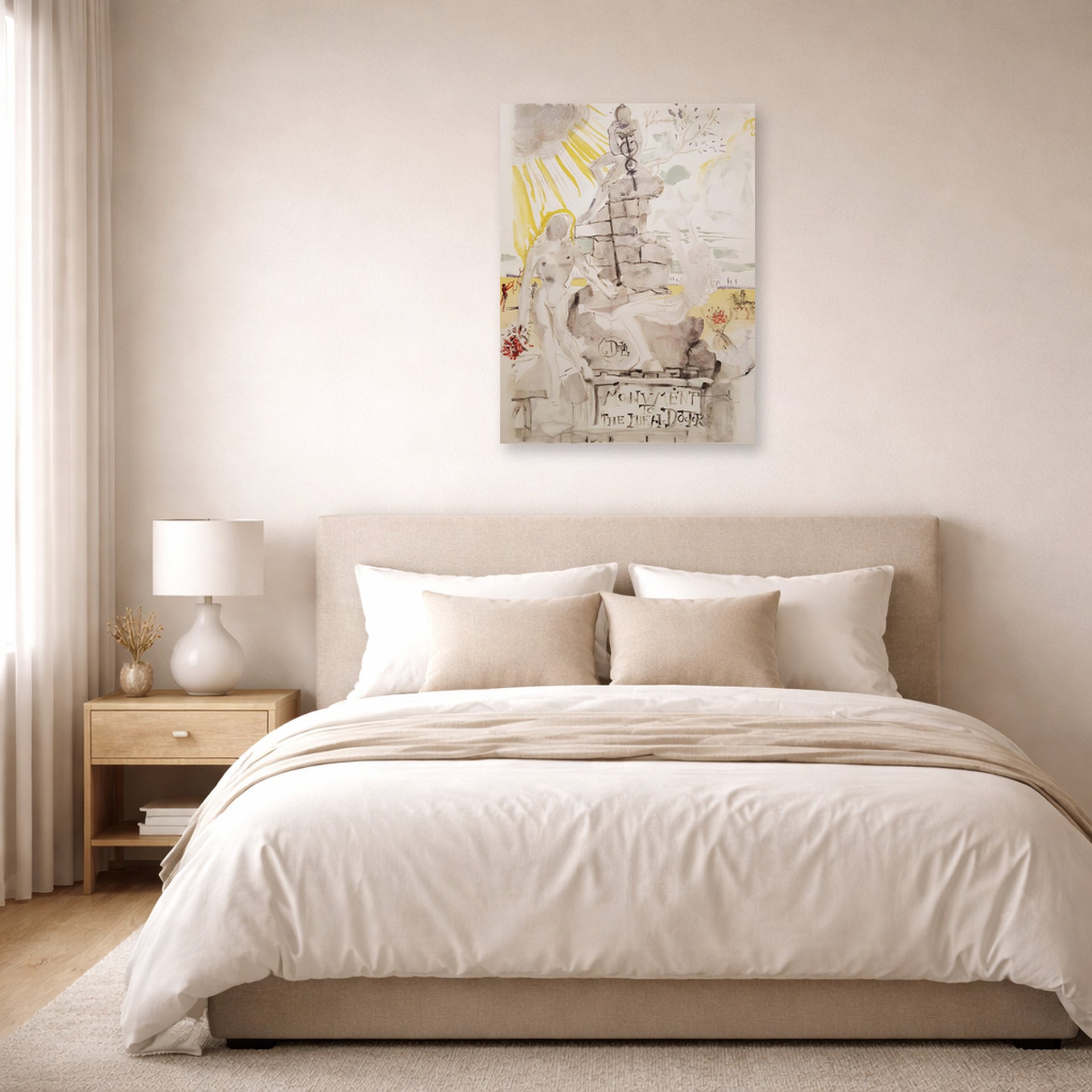 Unframed poster print of Salvador Dali's Monument to the Ideal Doctor displayed on a wall in a bedroom