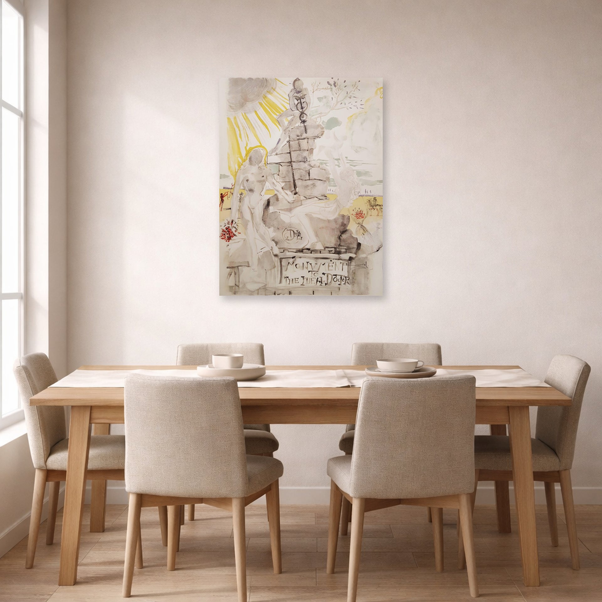Unframed poster print of Salvador Dali's Monument to the Ideal Doctor displayed on a wall in a dining room