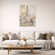 Unframed poster print of Salvador Dali's Monument to the Ideal Doctor displayed on a wall in a living room