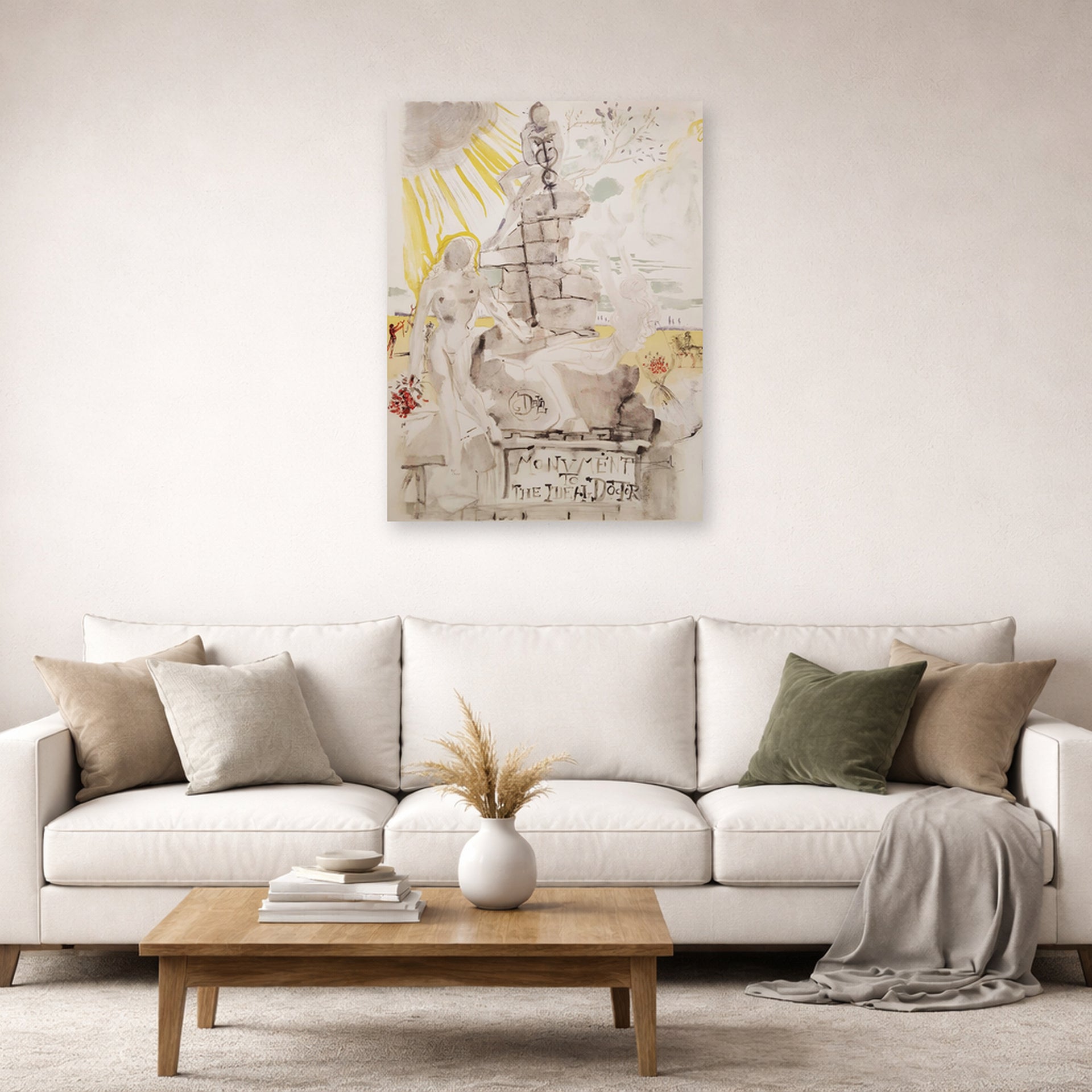 Unframed poster print of Salvador Dali's Monument to the Ideal Doctor displayed on a wall in a living room