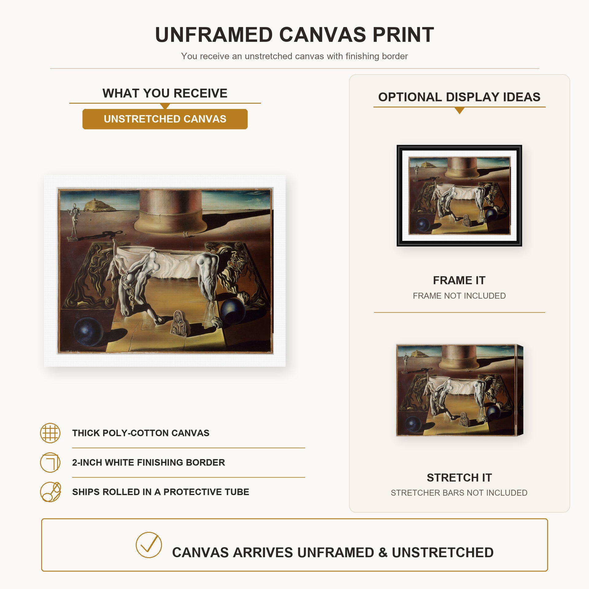 Salvador Dali - Paranoiac Woman canvas print size comparison and framing display infographic