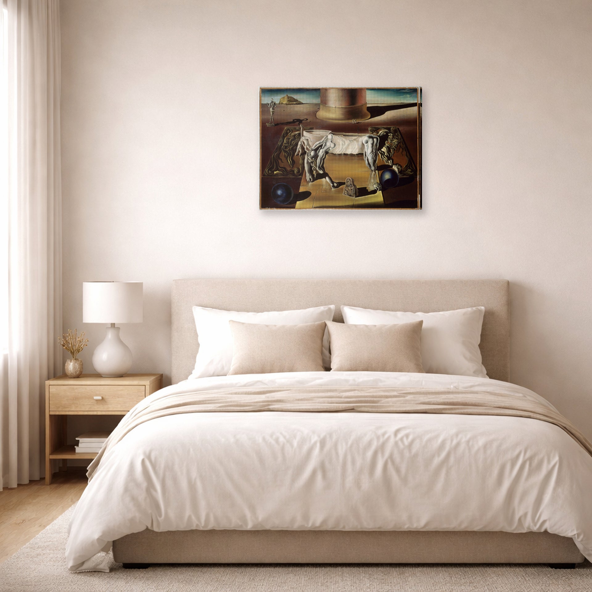 Gallery-wrapped canvas print of Salvador Dali's Paranoiac Woman displayed on a wall in a bedroom