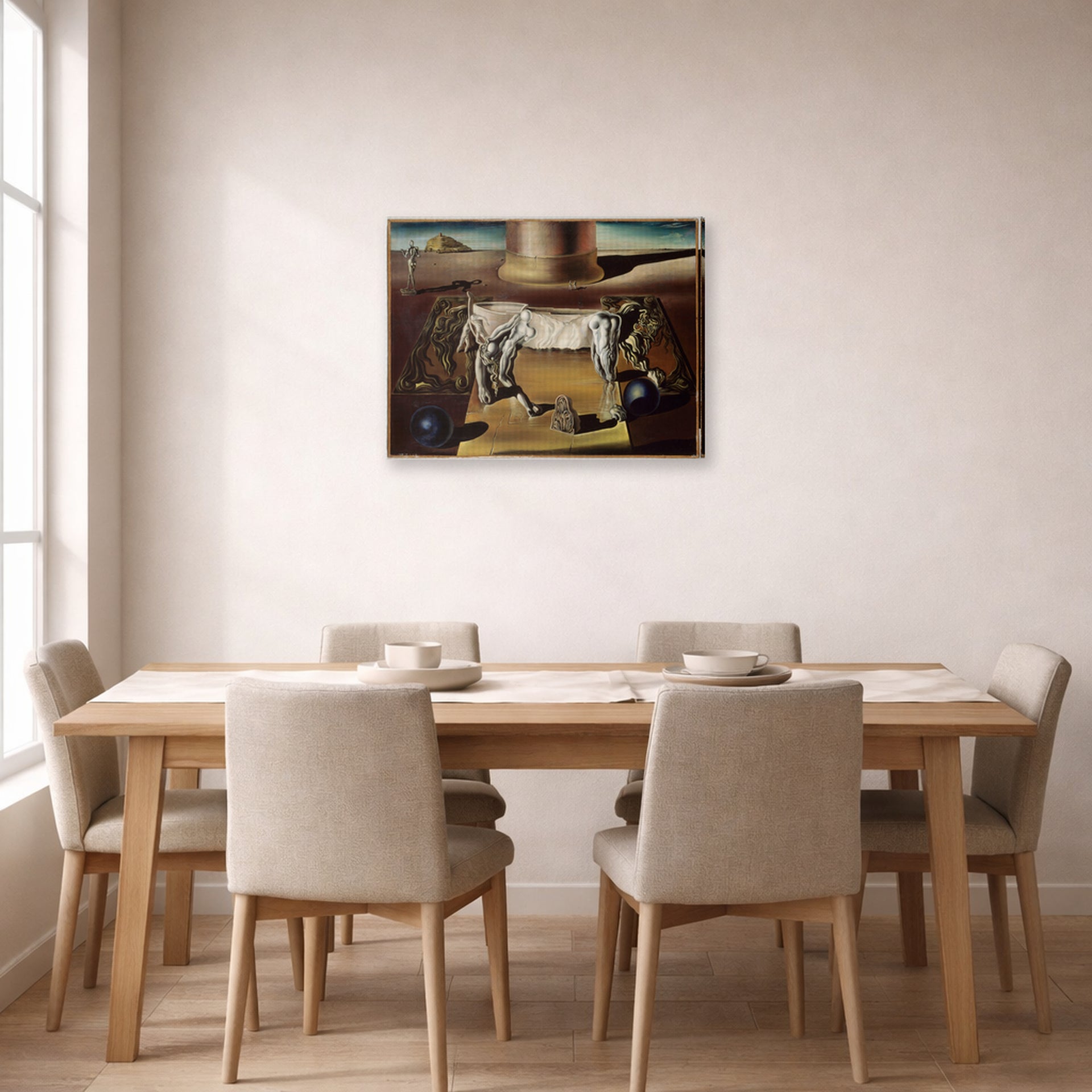 Gallery-wrapped canvas print of Salvador Dali's Paranoiac Woman displayed on a wall in a dining room