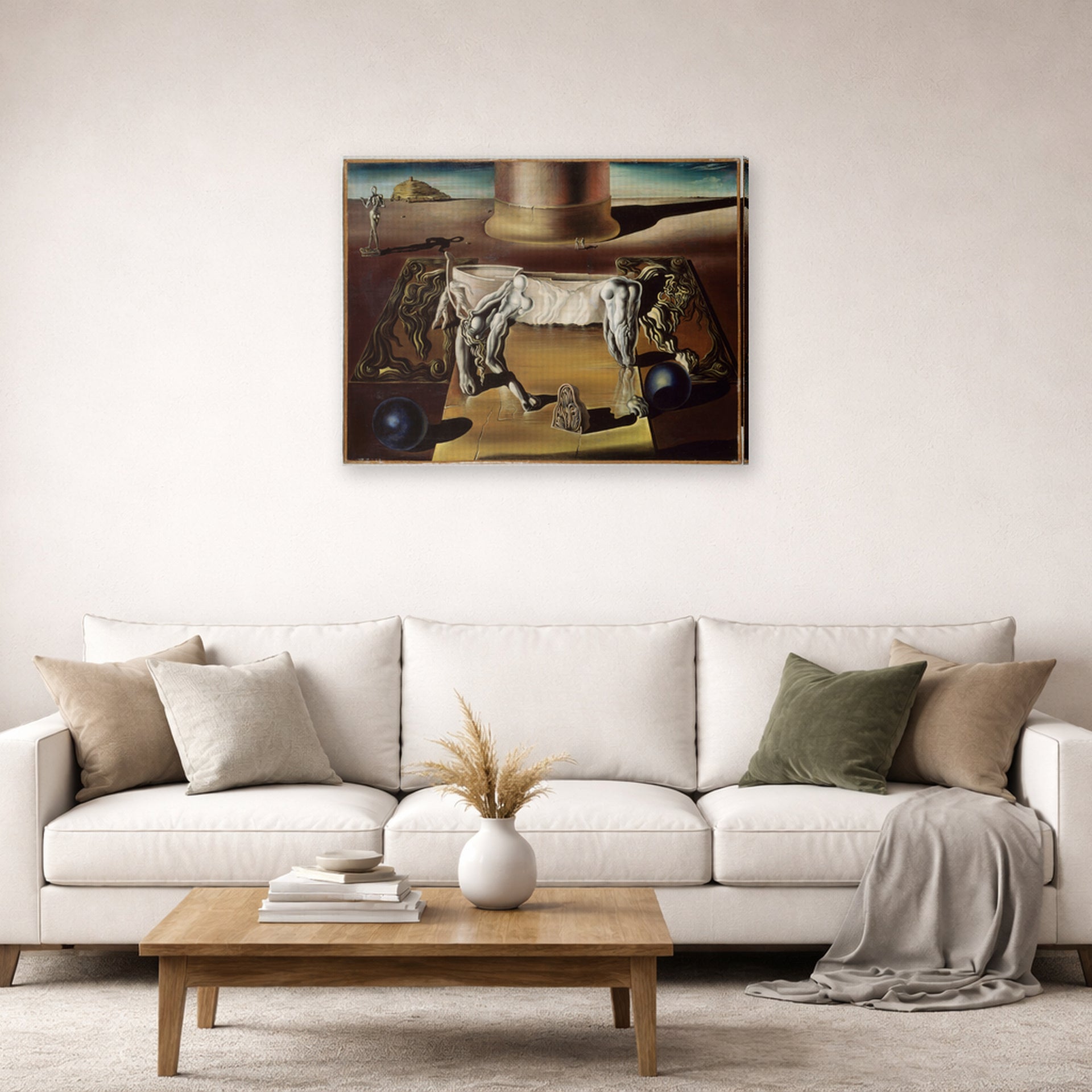 Gallery-wrapped canvas print of Salvador Dali's Paranoiac Woman displayed on a wall in a living room