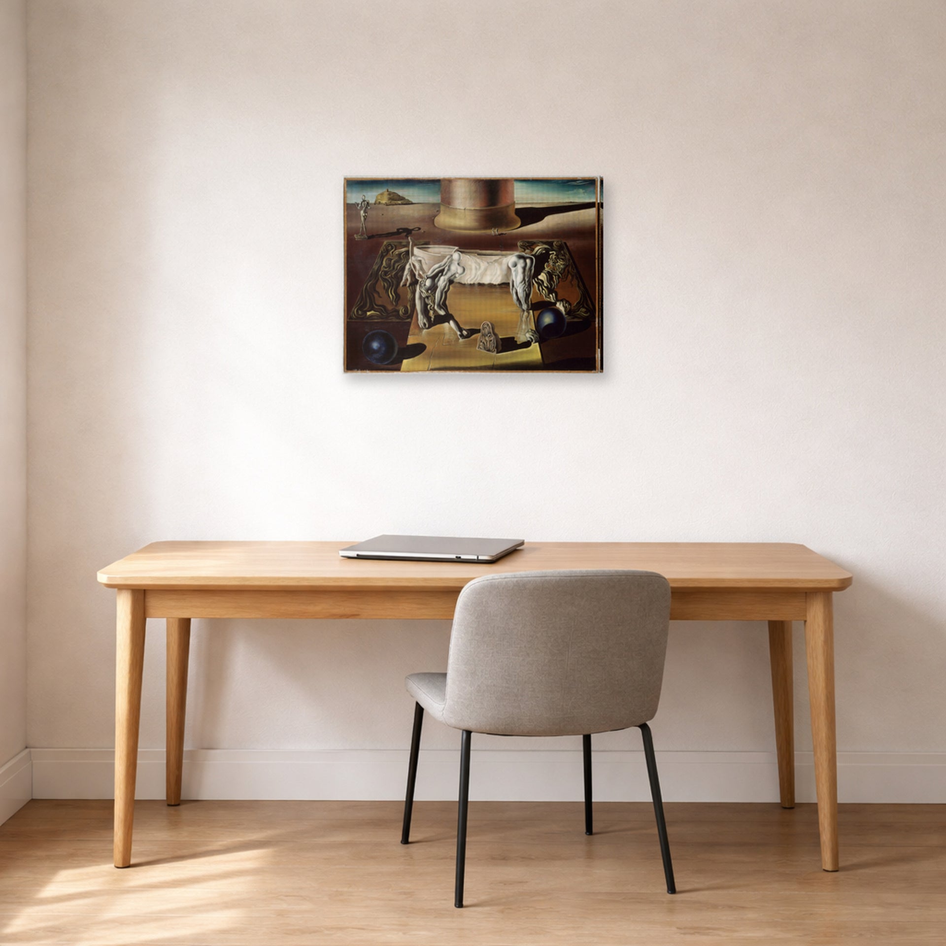 Gallery-wrapped canvas print of Salvador Dali's Paranoiac Woman displayed on a wall in a office