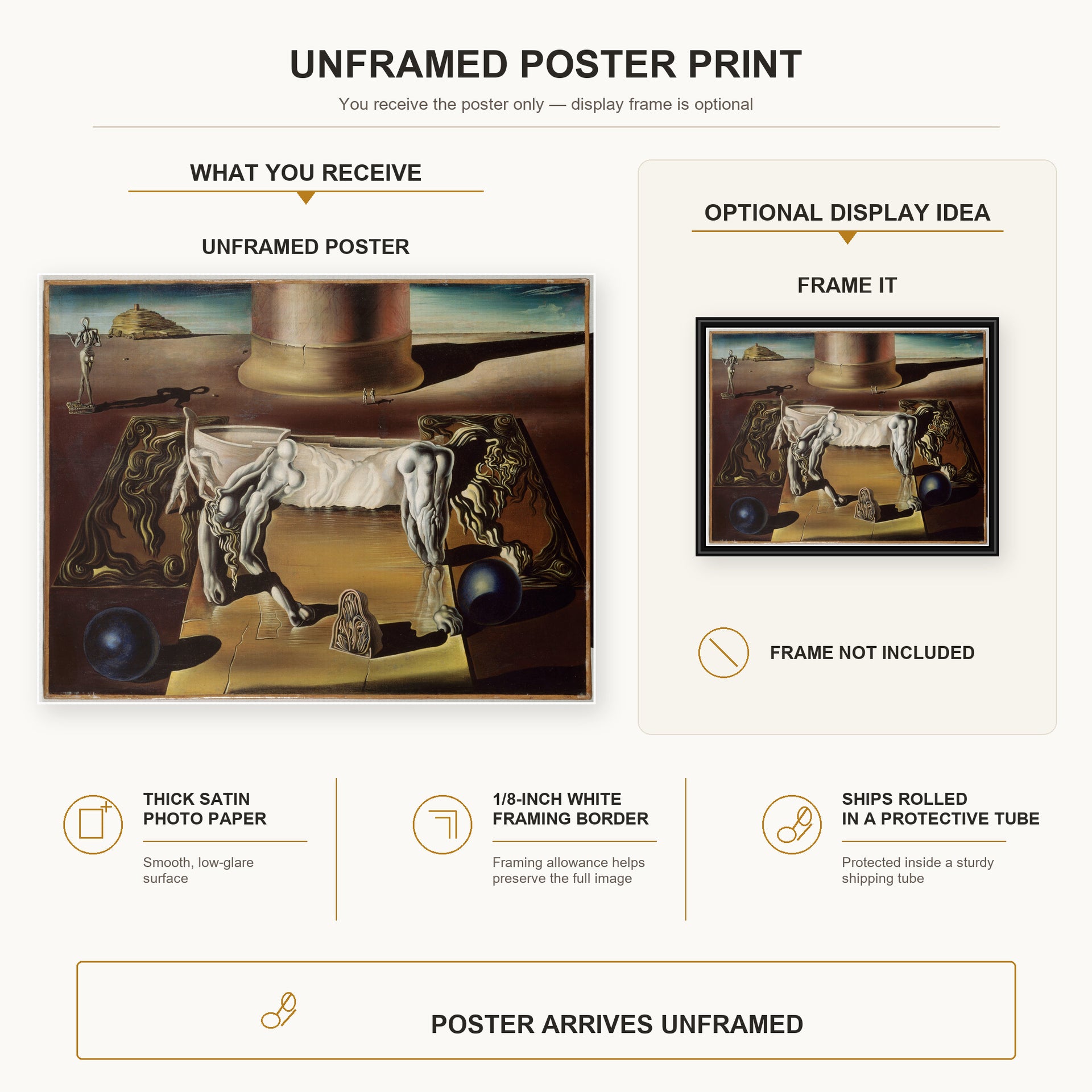 Salvador Dali - Paranoiac Woman poster print size comparison and framing display infographic