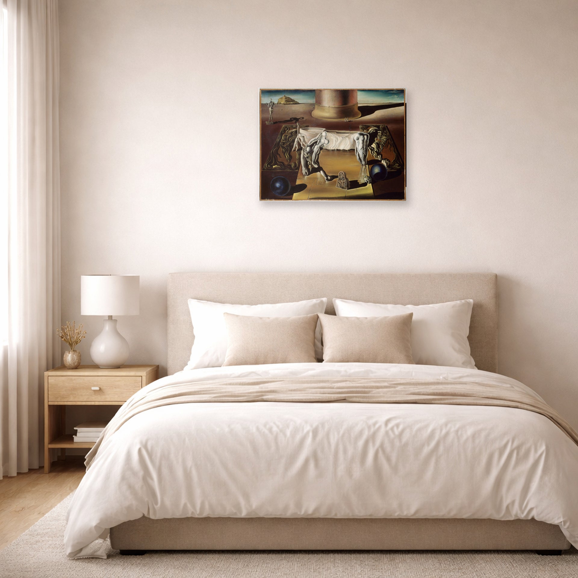 Unframed poster print of Salvador Dali's Paranoiac Woman displayed on a wall in a bedroom