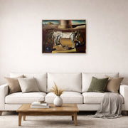Unframed poster print of Salvador Dali's Paranoiac Woman displayed on a wall in a living room