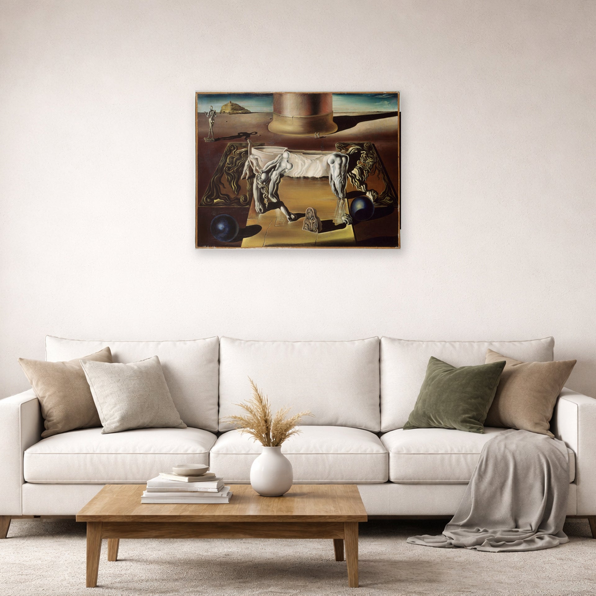 Unframed poster print of Salvador Dali's Paranoiac Woman displayed on a wall in a living room