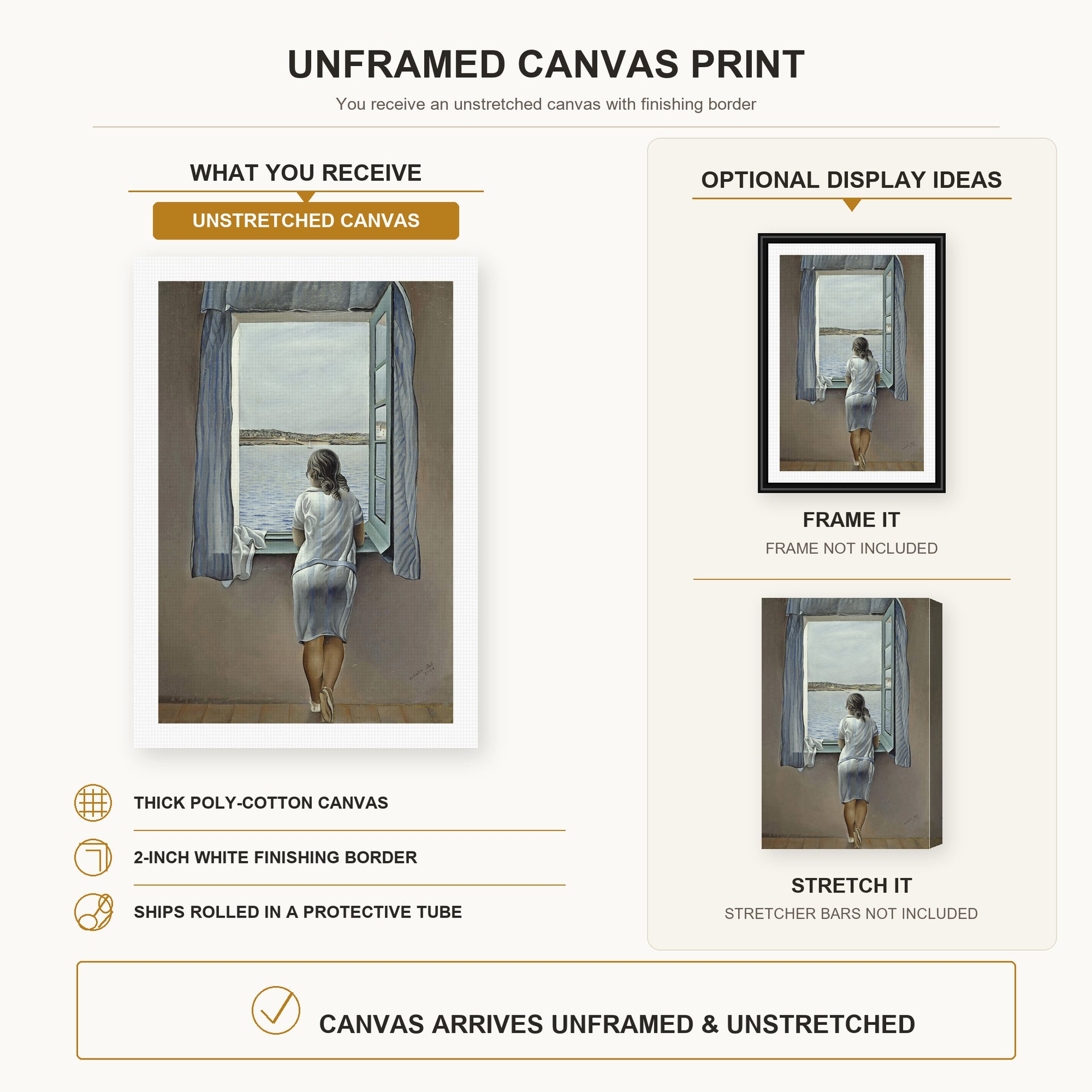 Salvador Dali - Person at the Window canvas print size comparison and framing display infographic