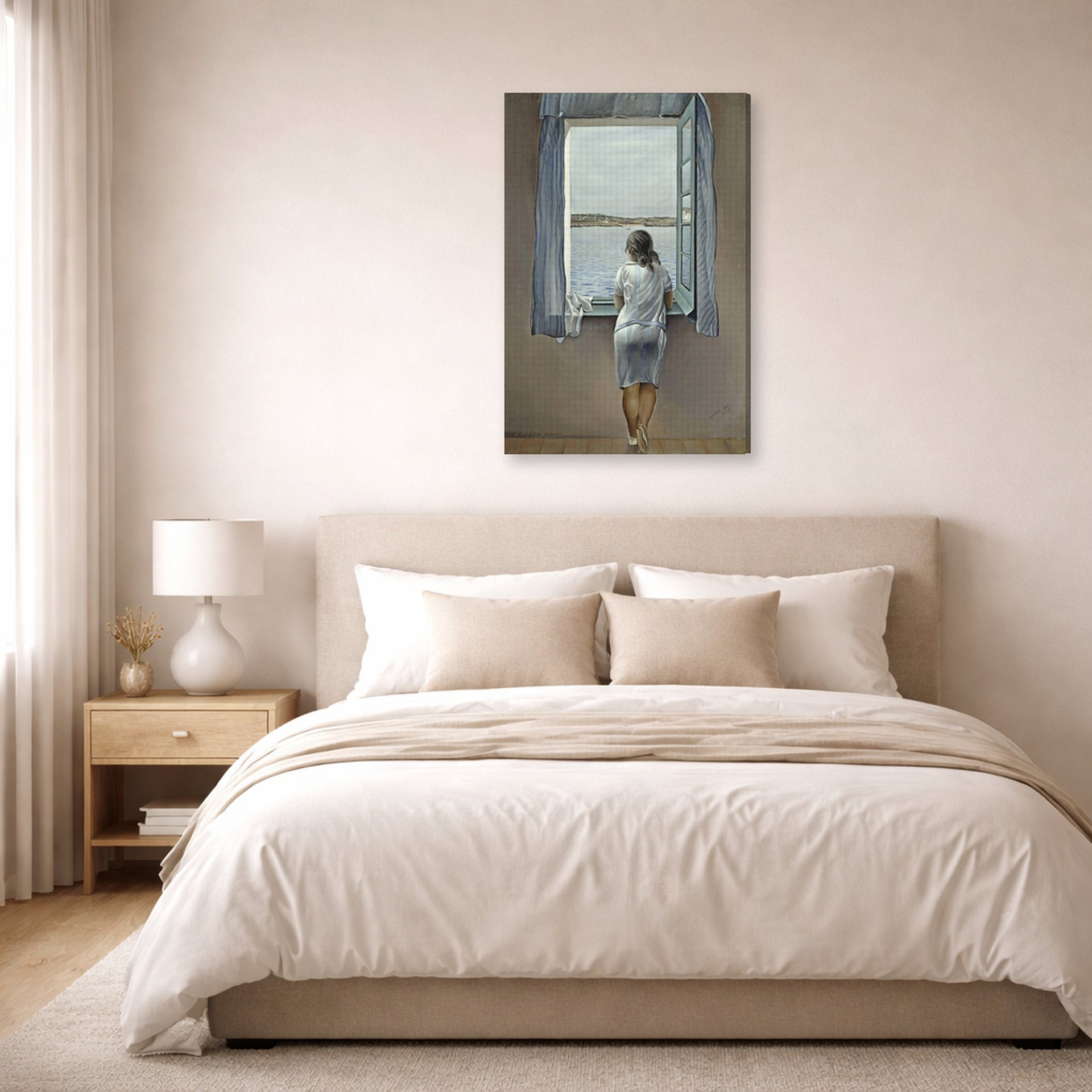 Gallery-wrapped canvas print of Salvador Dali's Person at the Window displayed on a wall in a bedroom