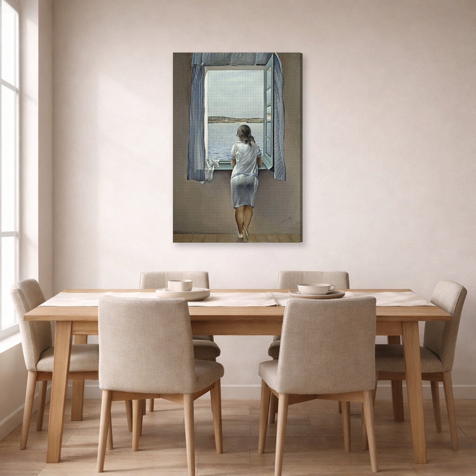 Gallery-wrapped canvas print of Salvador Dali's Person at the Window displayed on a wall in a dining room