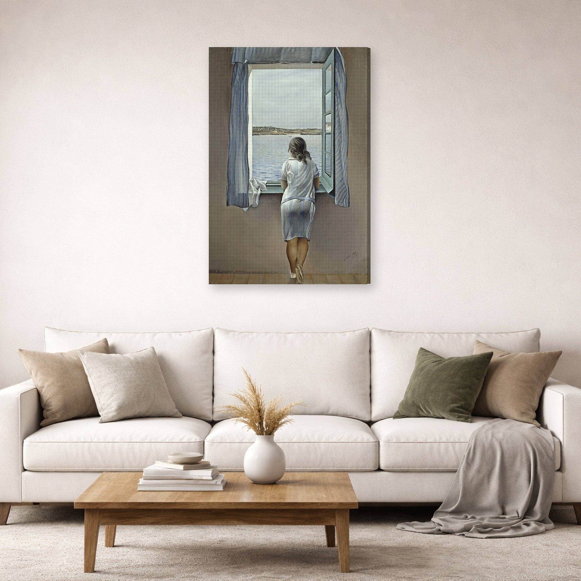 Gallery-wrapped canvas print of Salvador Dali's Person at the Window displayed on a wall in a living room