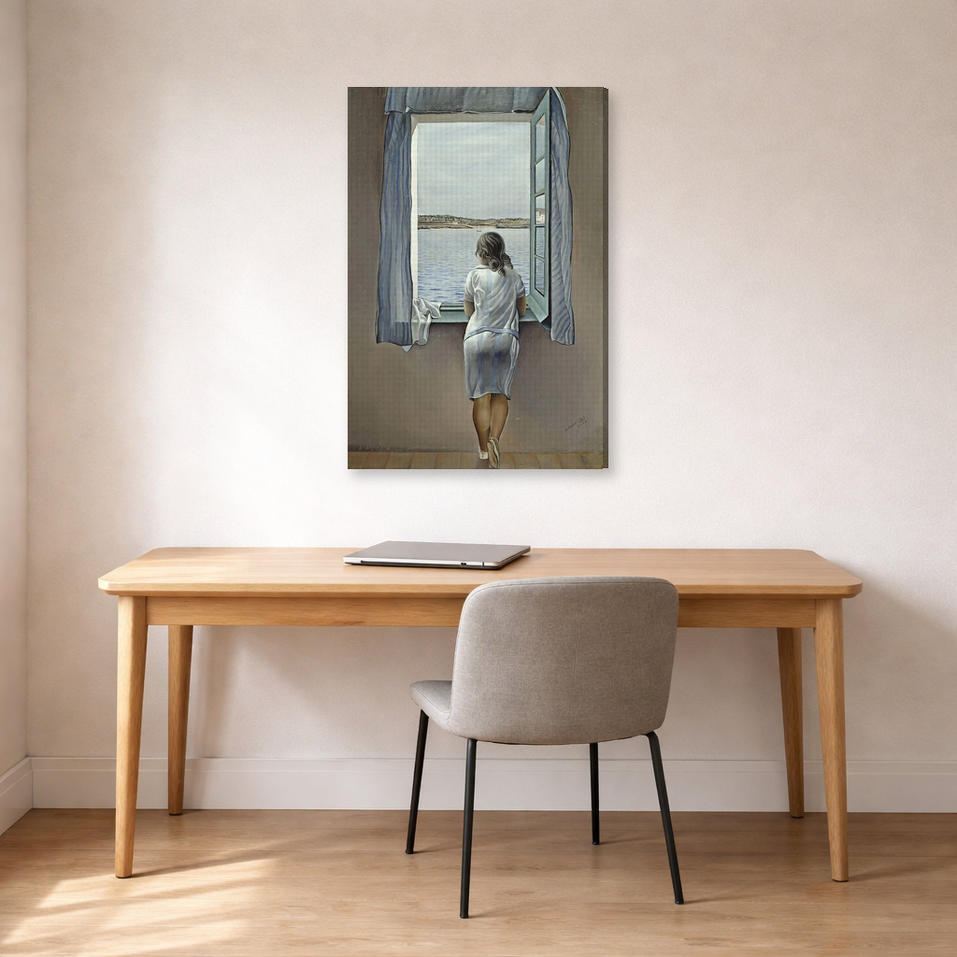 Gallery-wrapped canvas print of Salvador Dali's Person at the Window displayed on a wall in a office