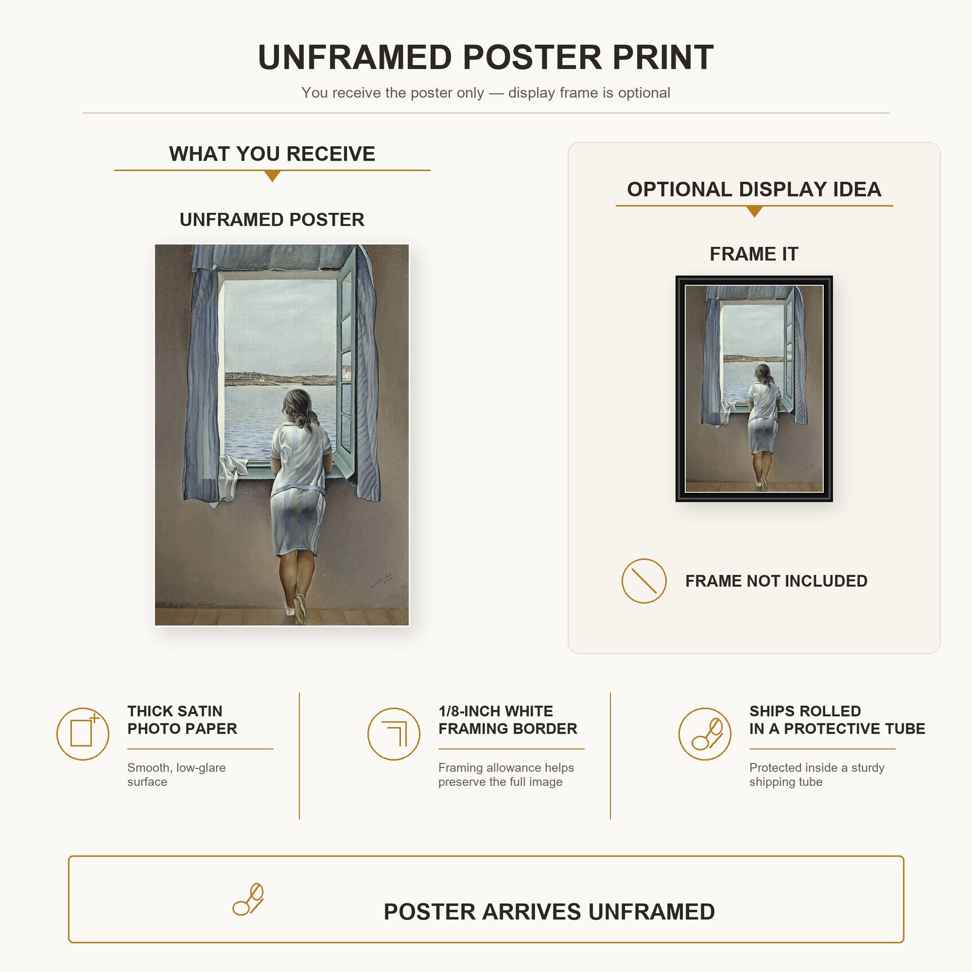 Salvador Dali - Person at the Window poster print size comparison and framing display infographic