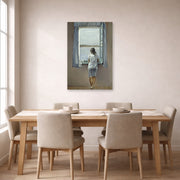 Unframed poster print of Salvador Dali's Person at the Window displayed on a wall in a dining room