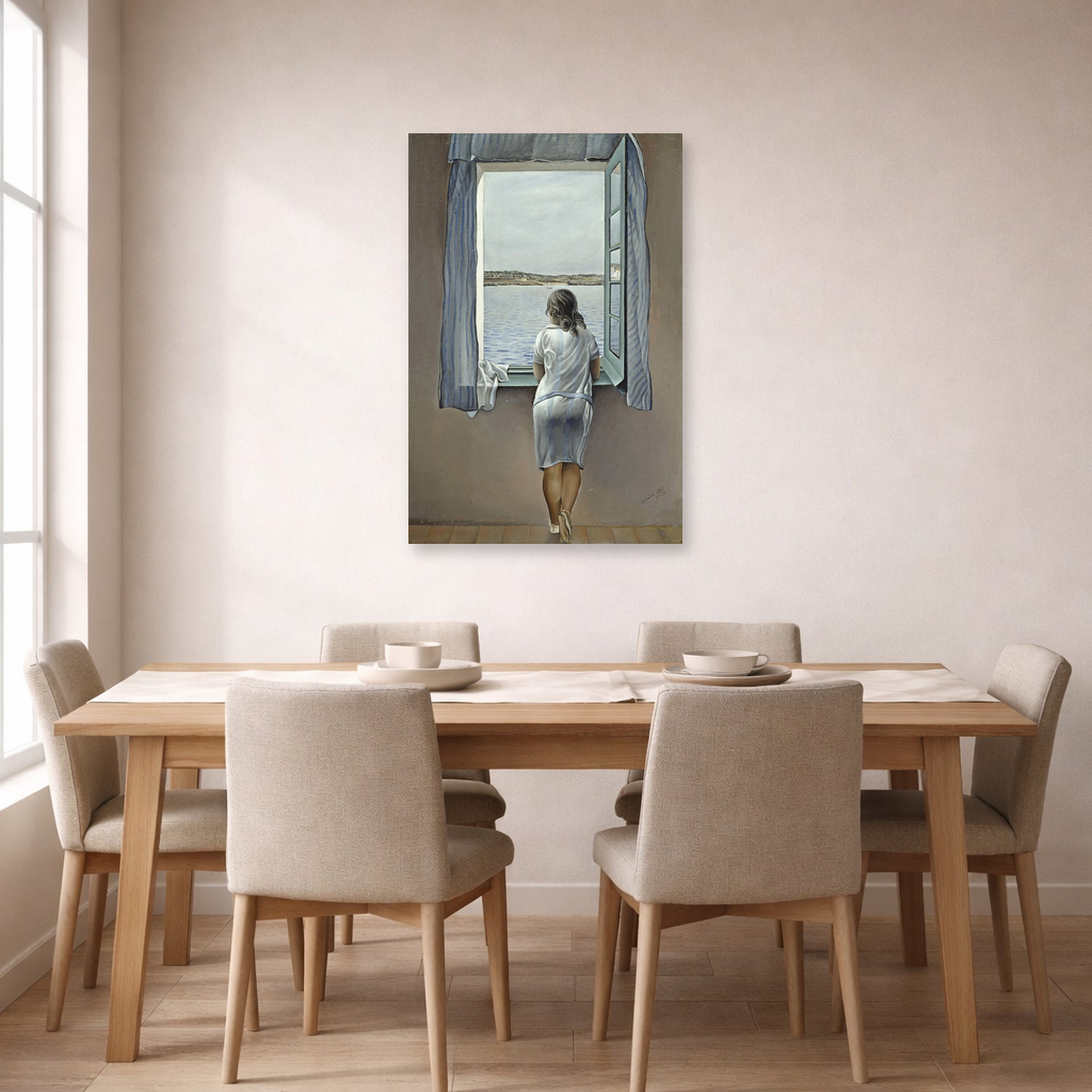 Unframed poster print of Salvador Dali's Person at the Window displayed on a wall in a dining room