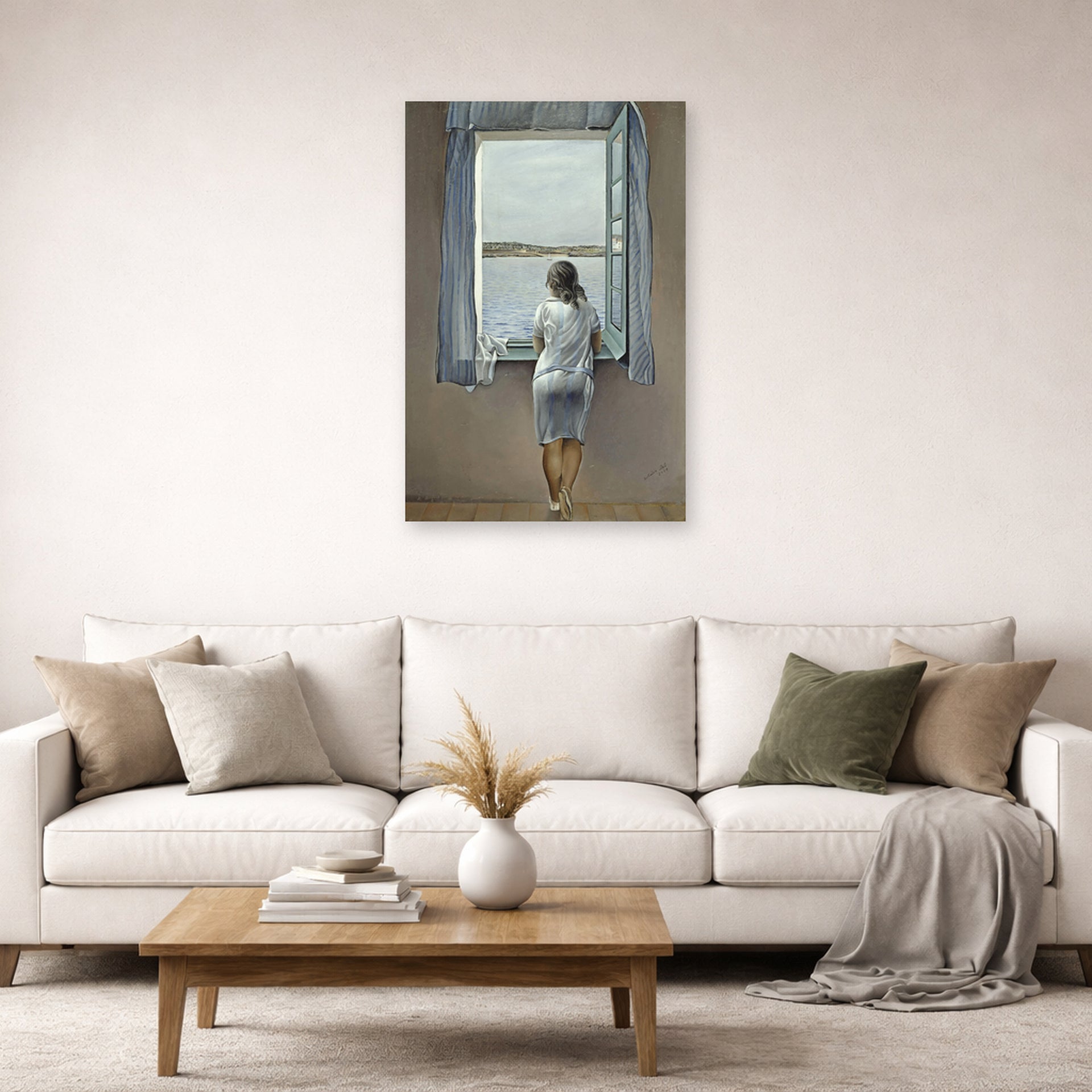 Unframed poster print of Salvador Dali's Person at the Window displayed on a wall in a living room