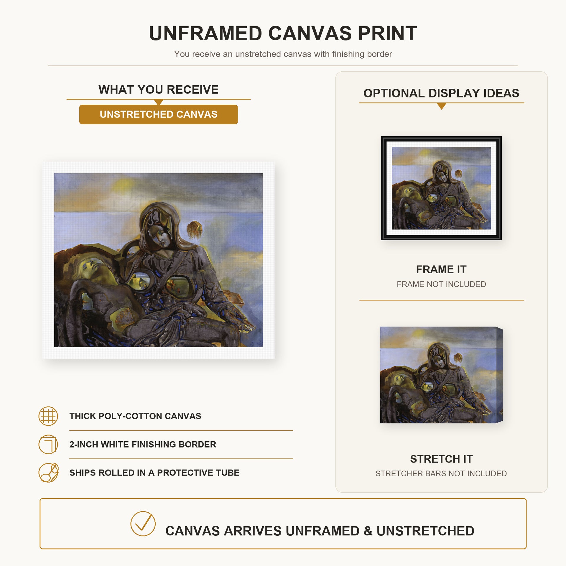 Salvador Dali - Pieta canvas print size comparison and framing display infographic