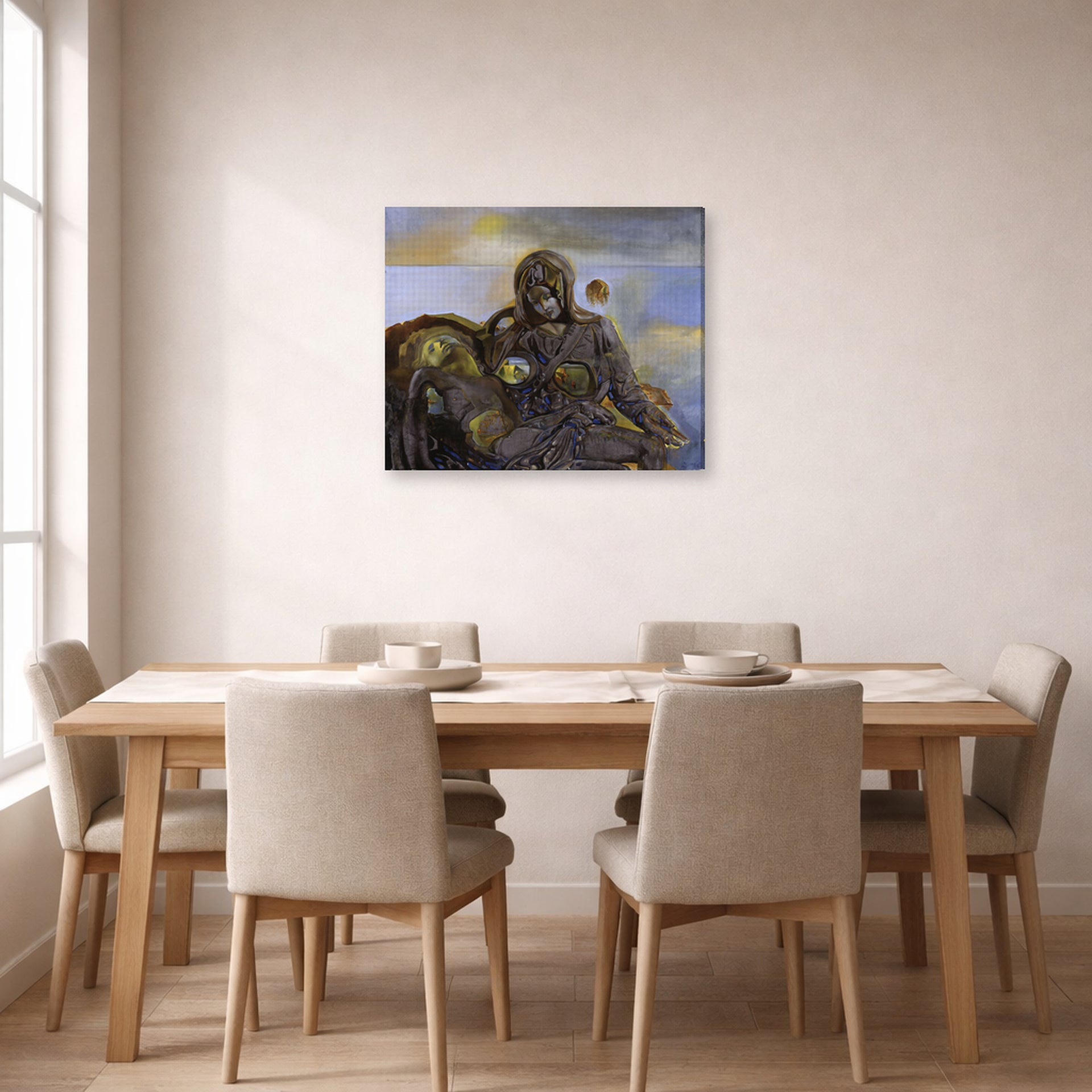 Gallery-wrapped canvas print of Salvador Dali's Pieta displayed on a wall in a dining room