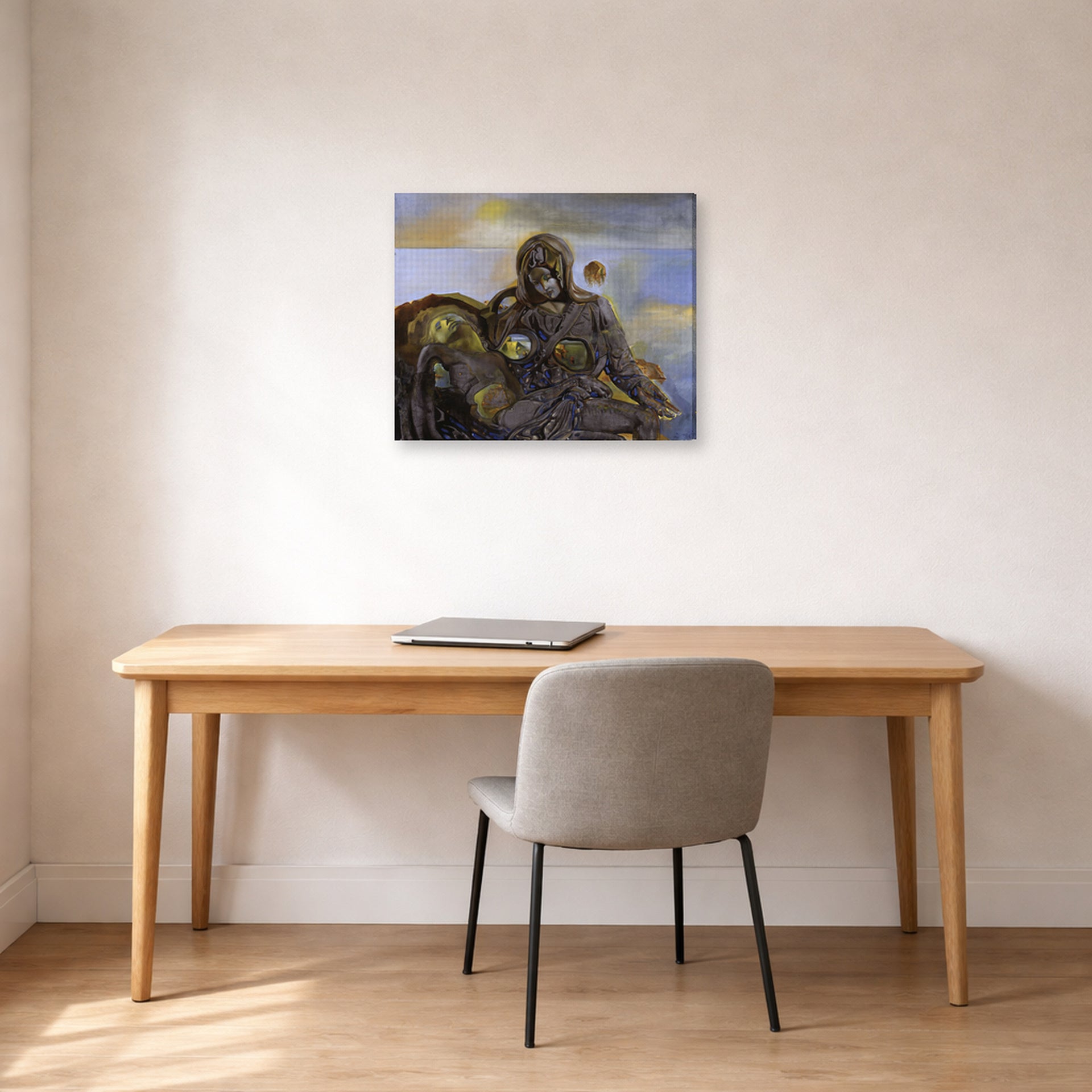 Gallery-wrapped canvas print of Salvador Dali's Pieta displayed on a wall in a office