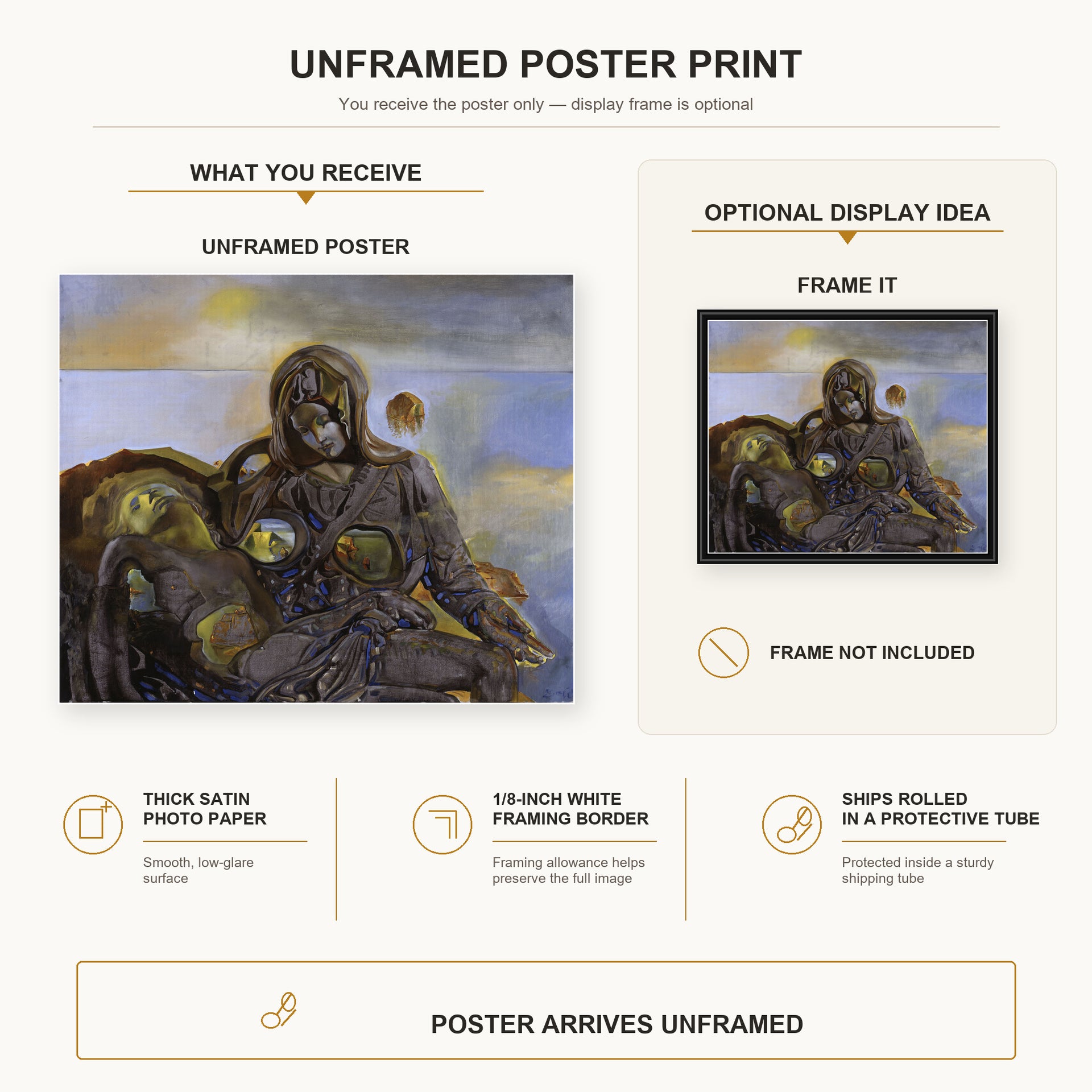 Salvador Dali - Pieta poster print size comparison and framing display infographic
