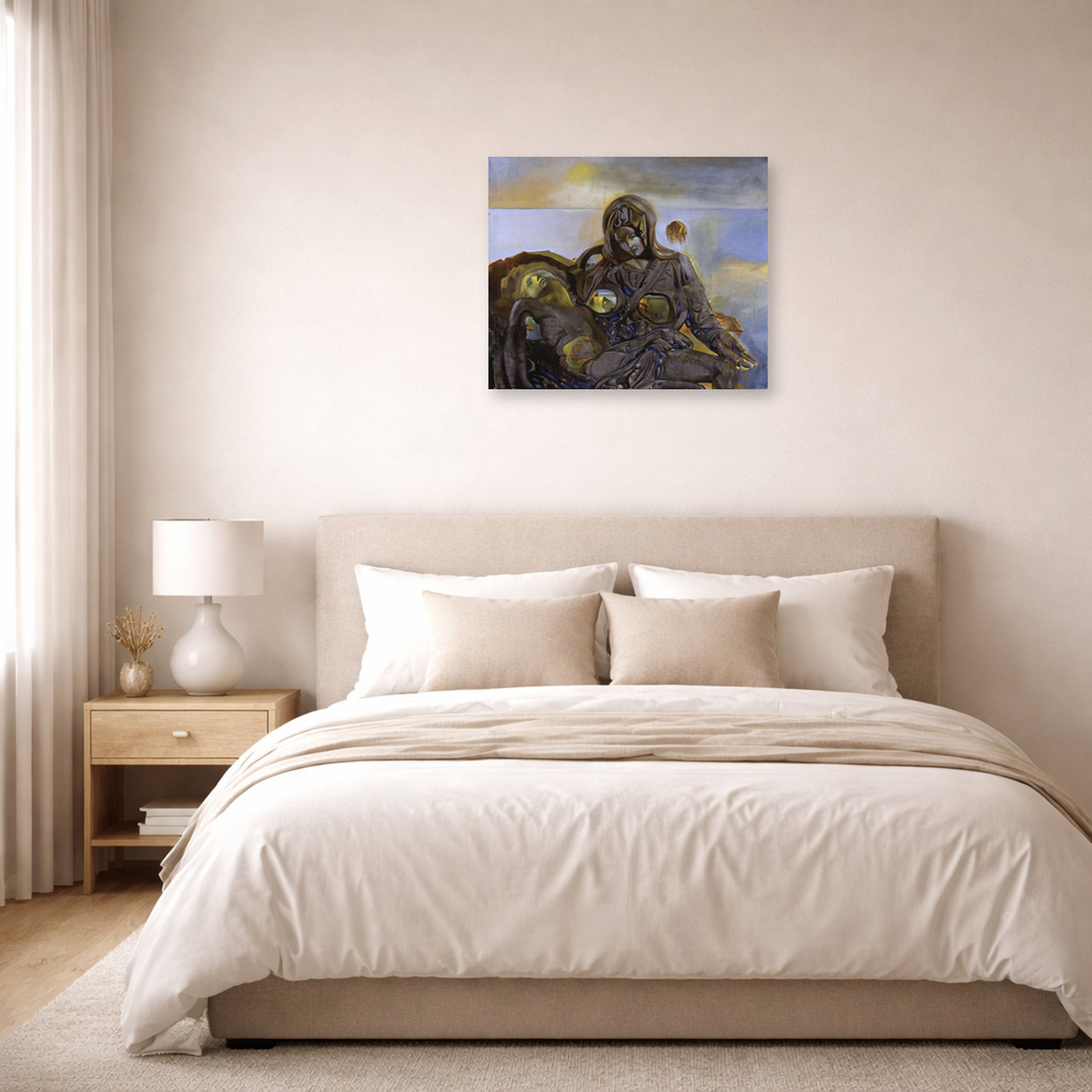 Unframed poster print of Salvador Dali's Pieta displayed on a wall in a bedroom