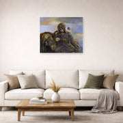 Unframed poster print of Salvador Dali's Pieta displayed on a wall in a living room