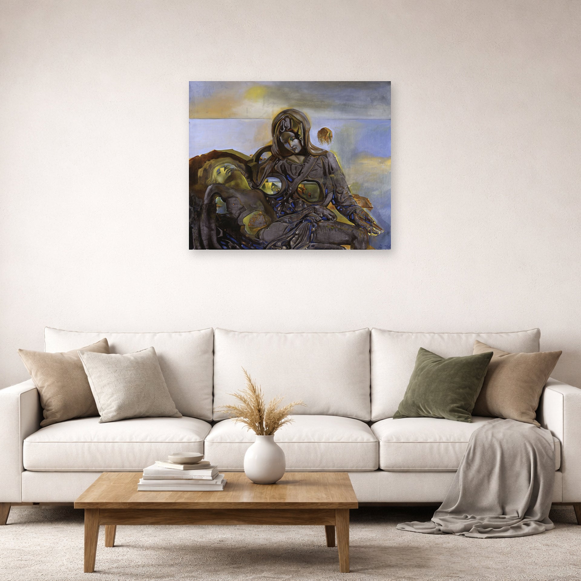 Unframed poster print of Salvador Dali's Pieta displayed on a wall in a living room