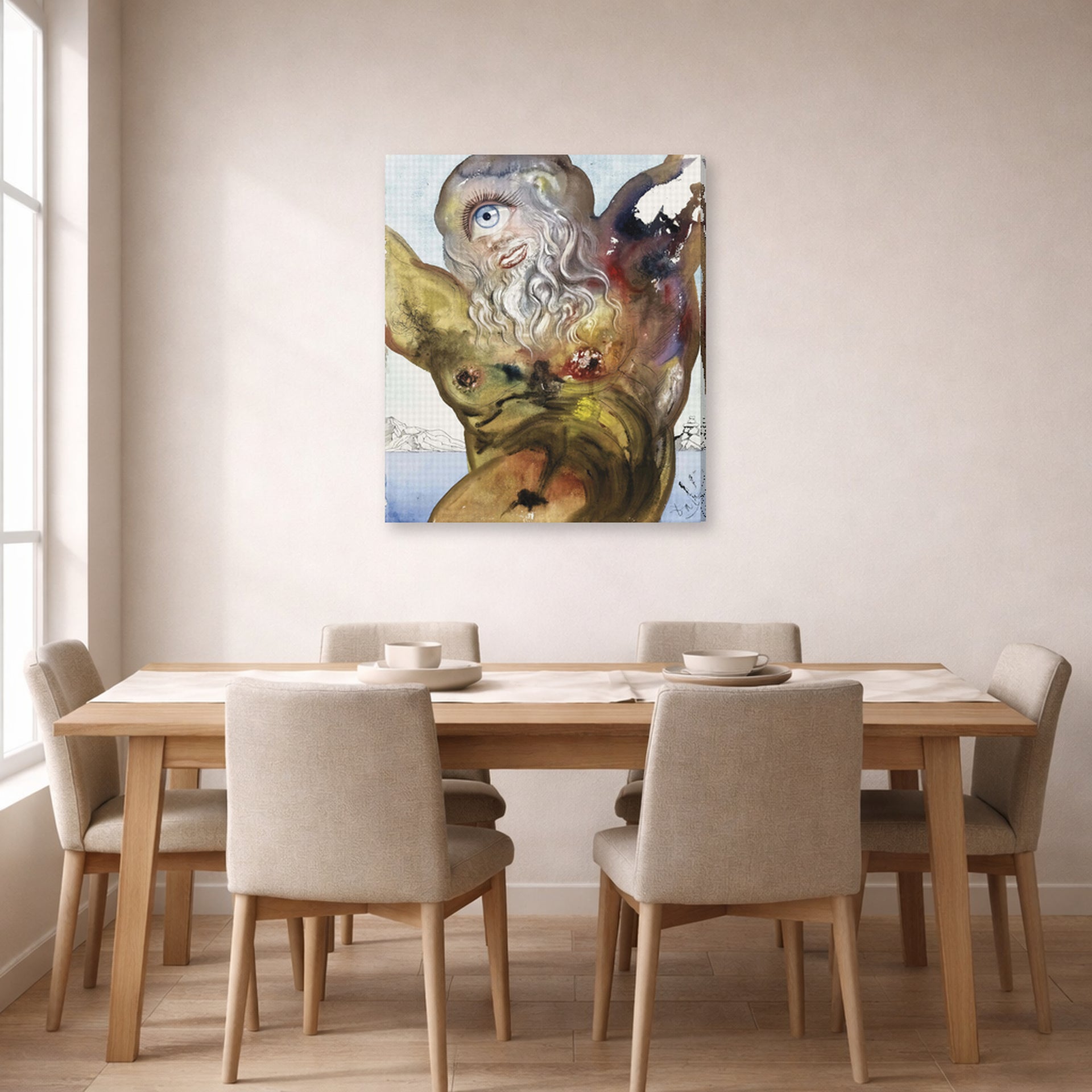 Gallery-wrapped canvas print of Salvador Dali's Polypheme displayed on a wall in a dining room
