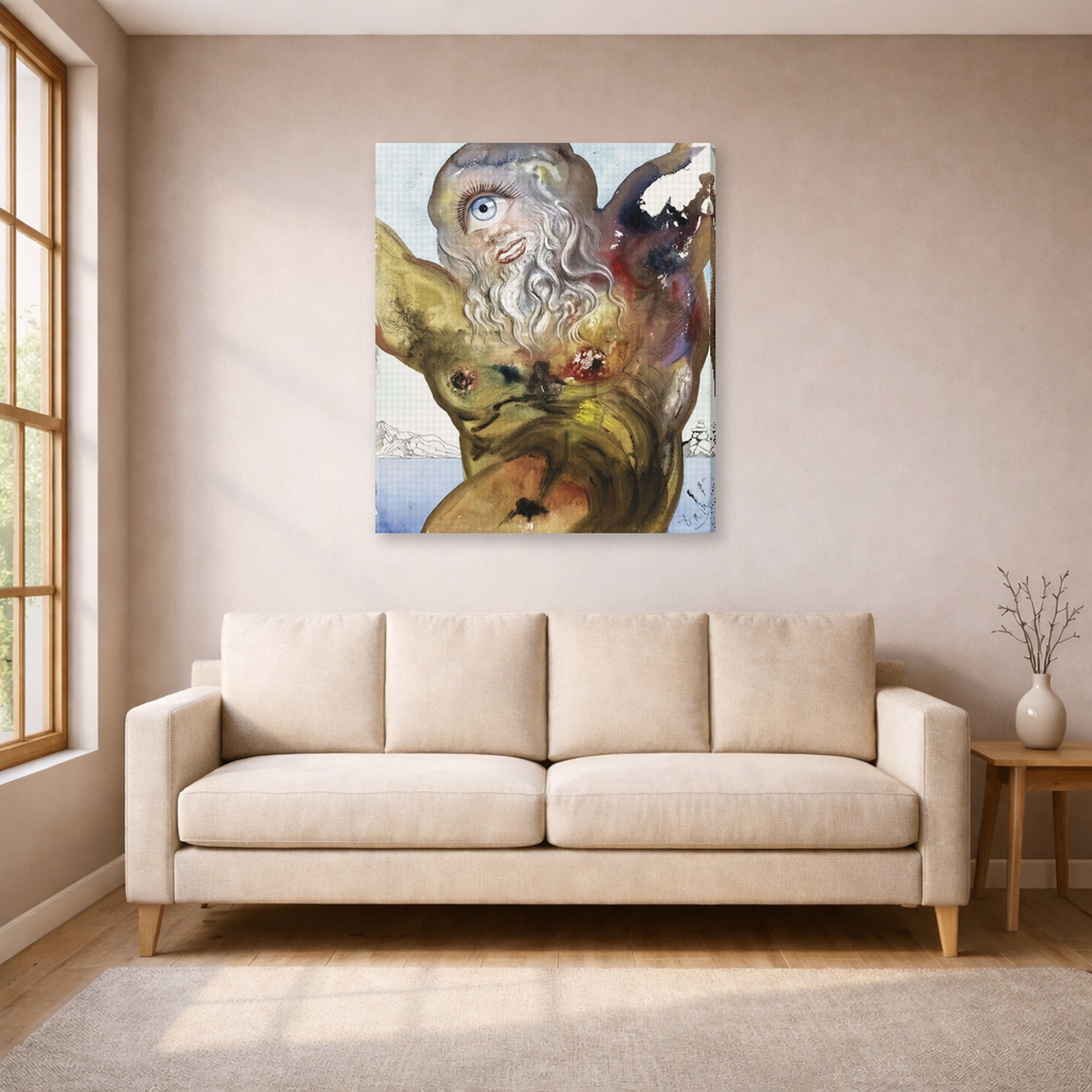 Gallery-wrapped canvas print of Salvador Dali's Polypheme displayed on a wall in a living room